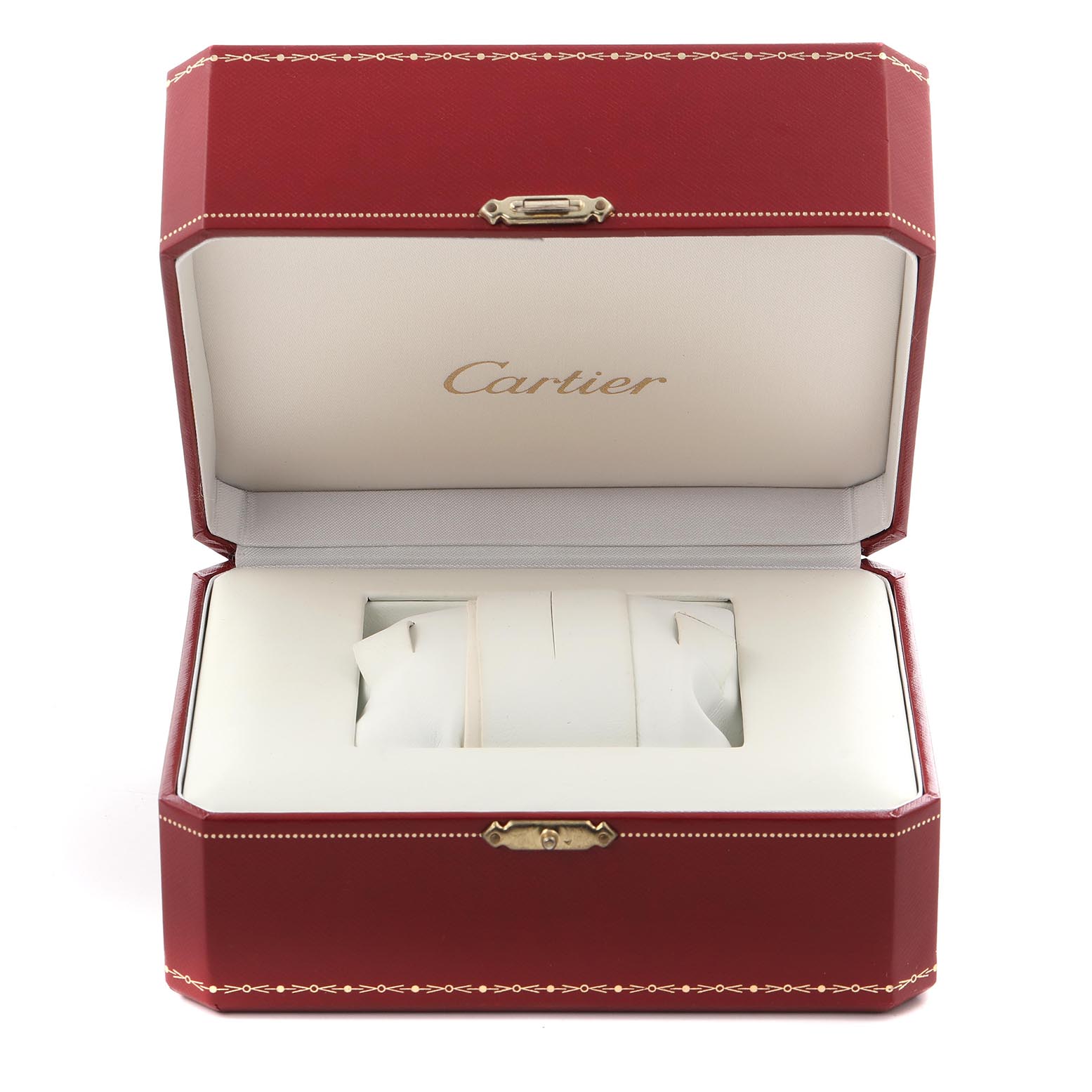 The image shows an open Cartier box for the Clé model, featuring a red exterior and branding inside.