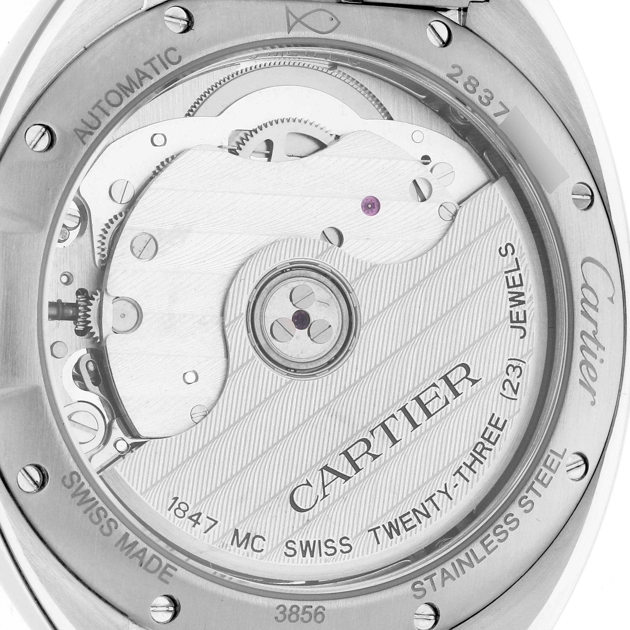 The image shows the back view of the Cartier Clé model, highlighting the automatic movement and internal mechanism.