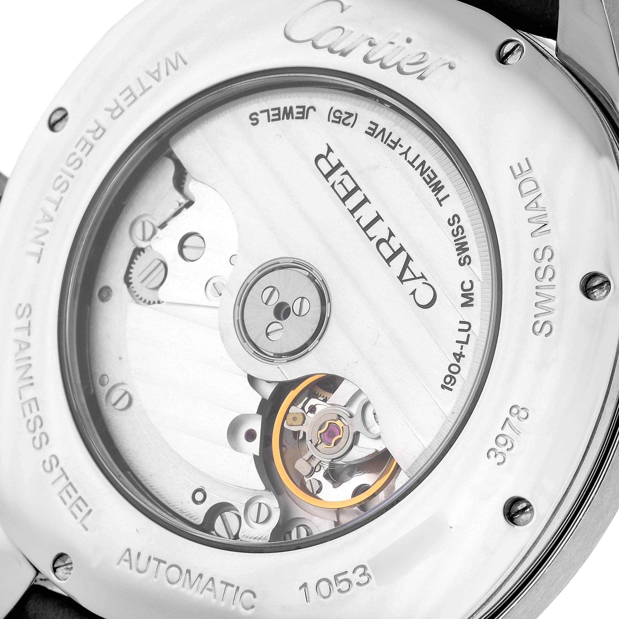 The image shows the back view of the Drive de Cartier watch by Cartier, displaying its automatic movement and internal mechanisms.