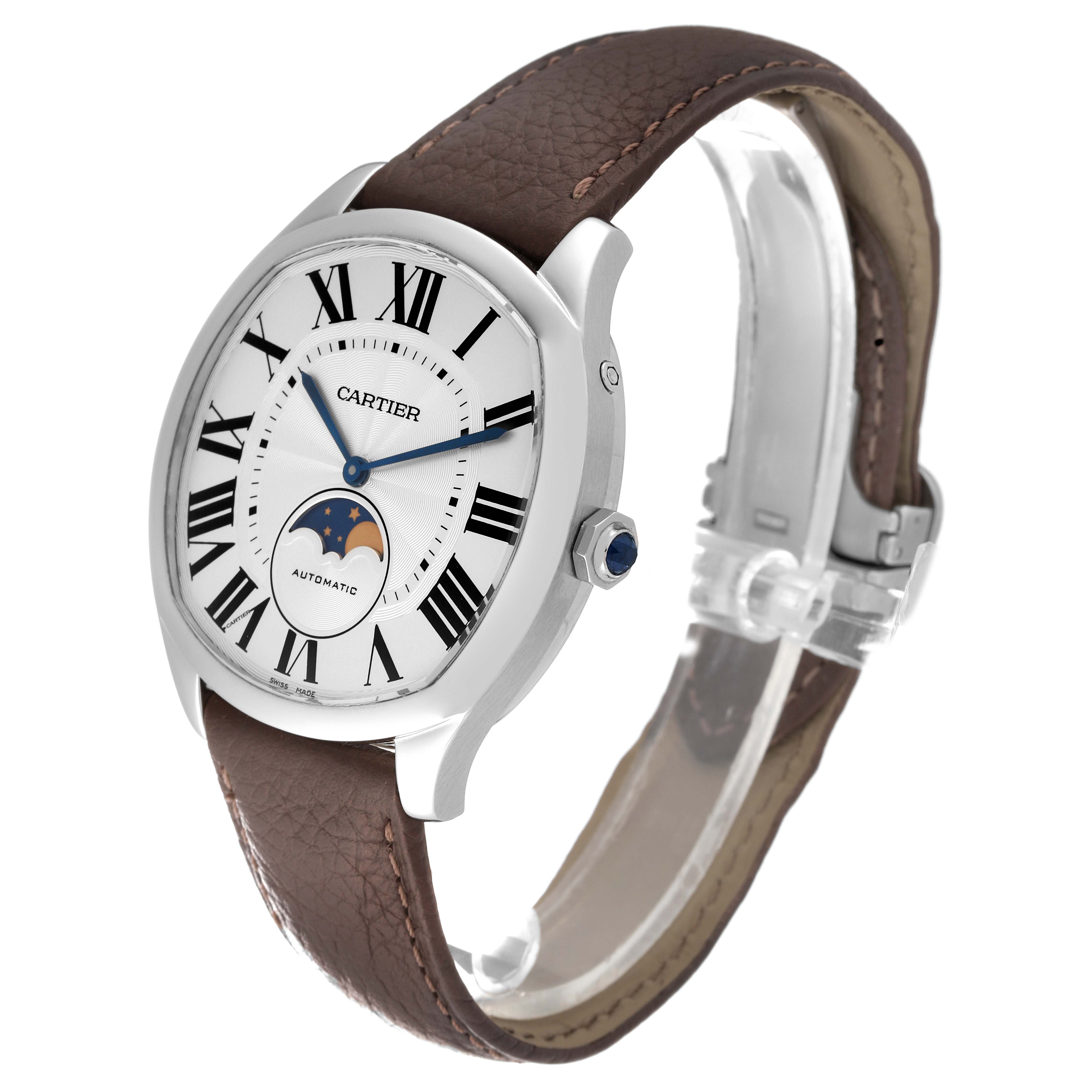 The image shows a Drive de Cartier watch by Cartier from a side angle, highlighting its dial, case, and leather strap.