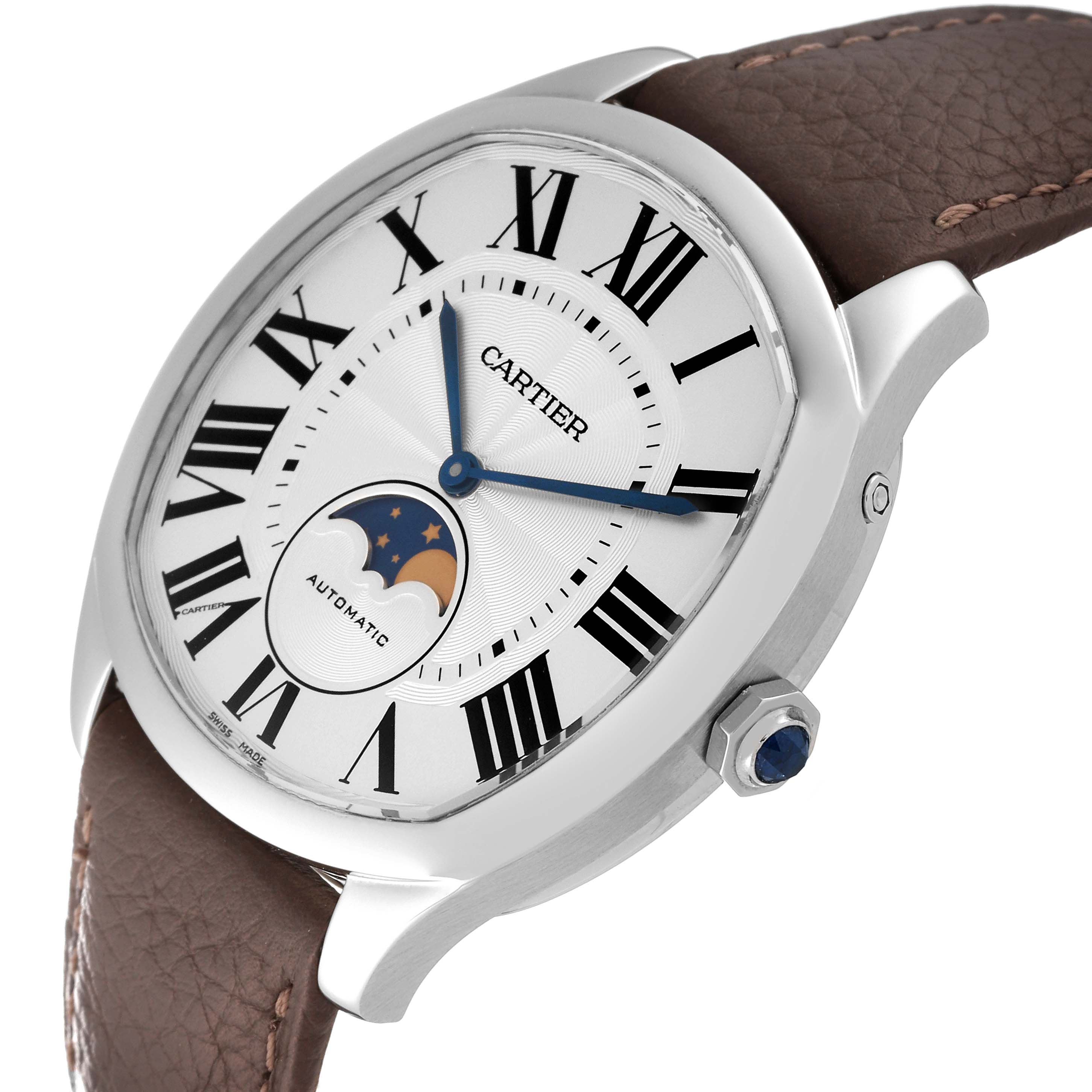 The image shows a Drive de Cartier watch by Cartier from a side angle, displaying the dial, case, crown, and leather strap.