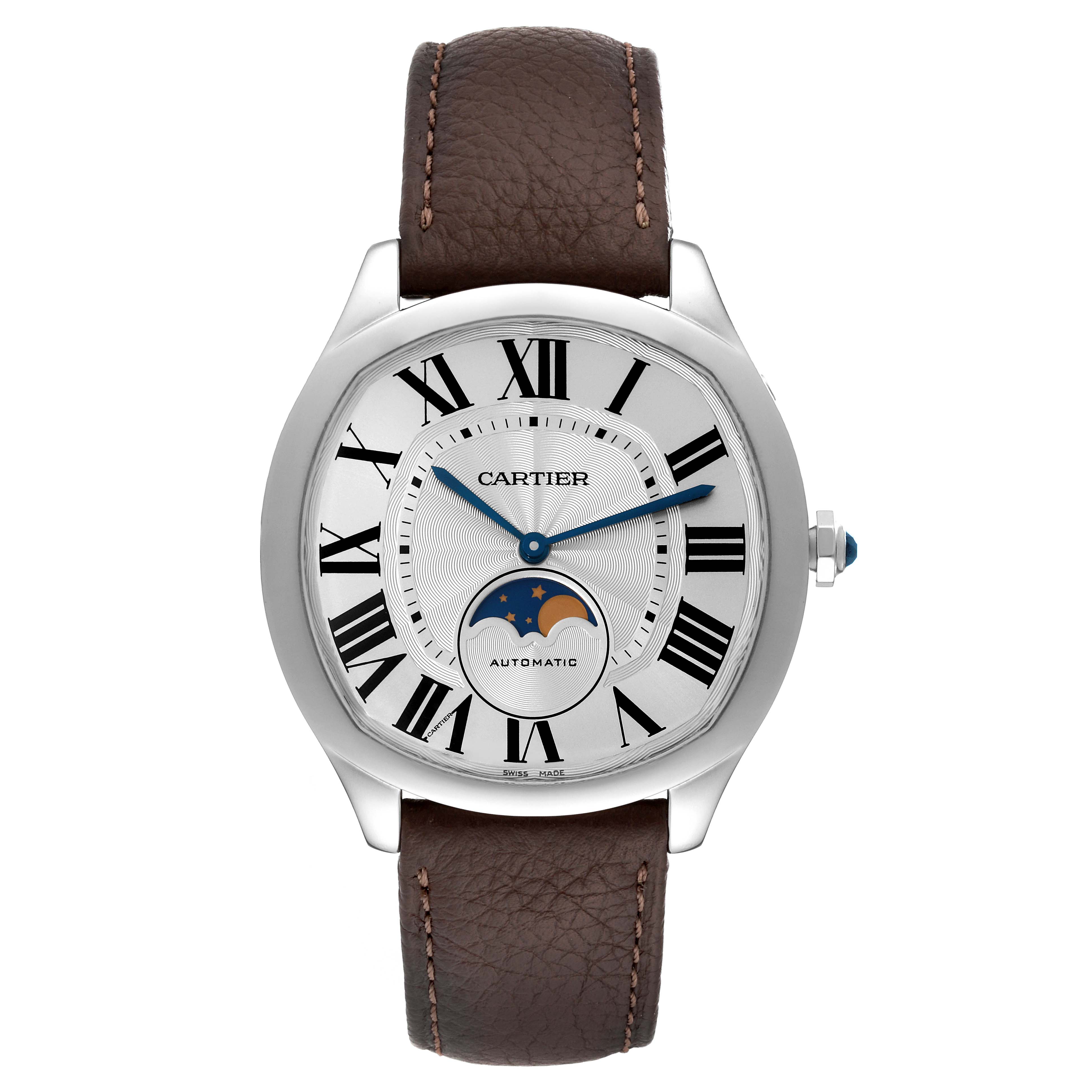 The image shows a front view of a Drive de Cartier watch by Cartier, displaying the dial, hands, and part of the leather strap.