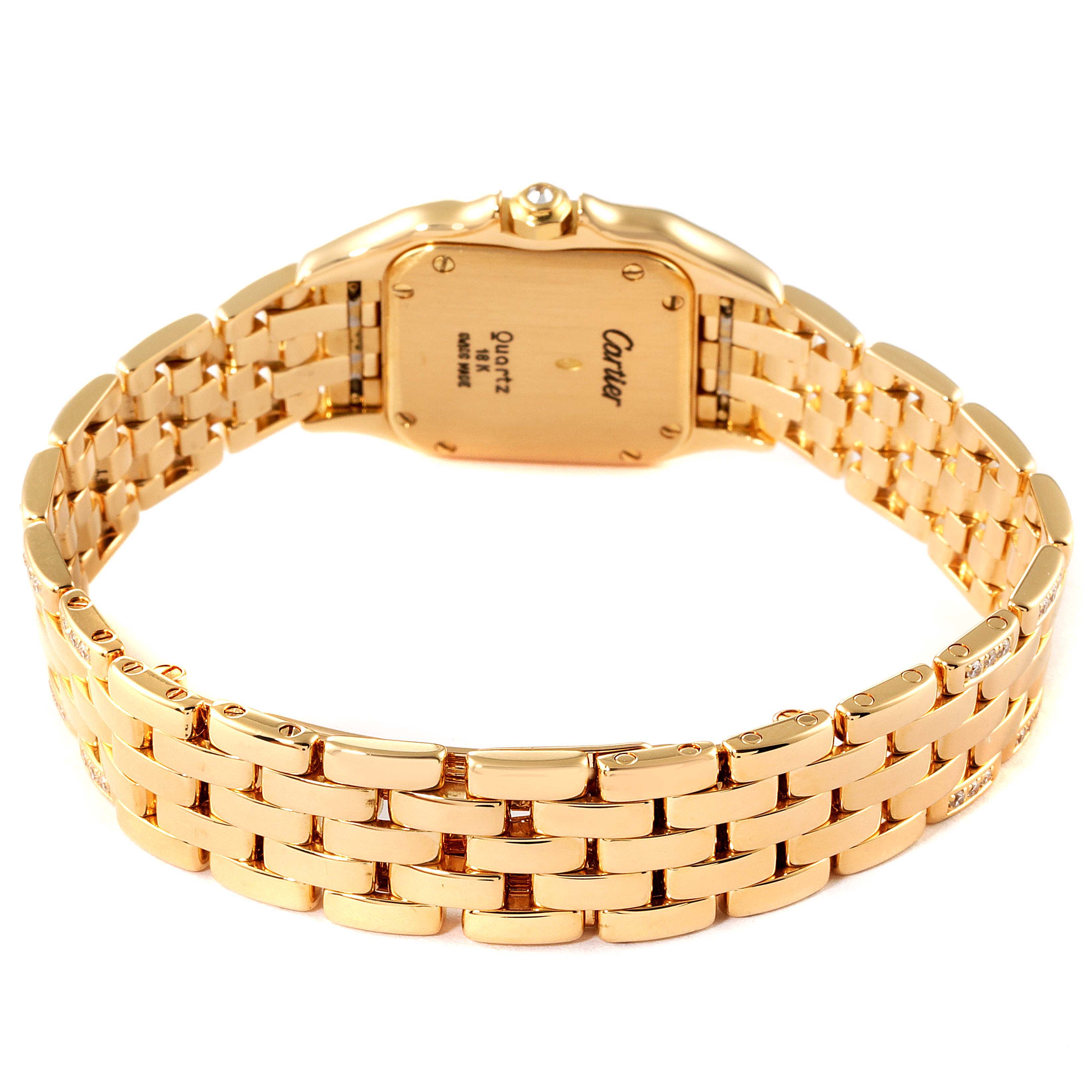 This image shows the back view of a Cartier Panthere Women's Yellow Gold Silver Dial Women's Yellow Gold Silver Dial watch featuring its gold case and bracelet.