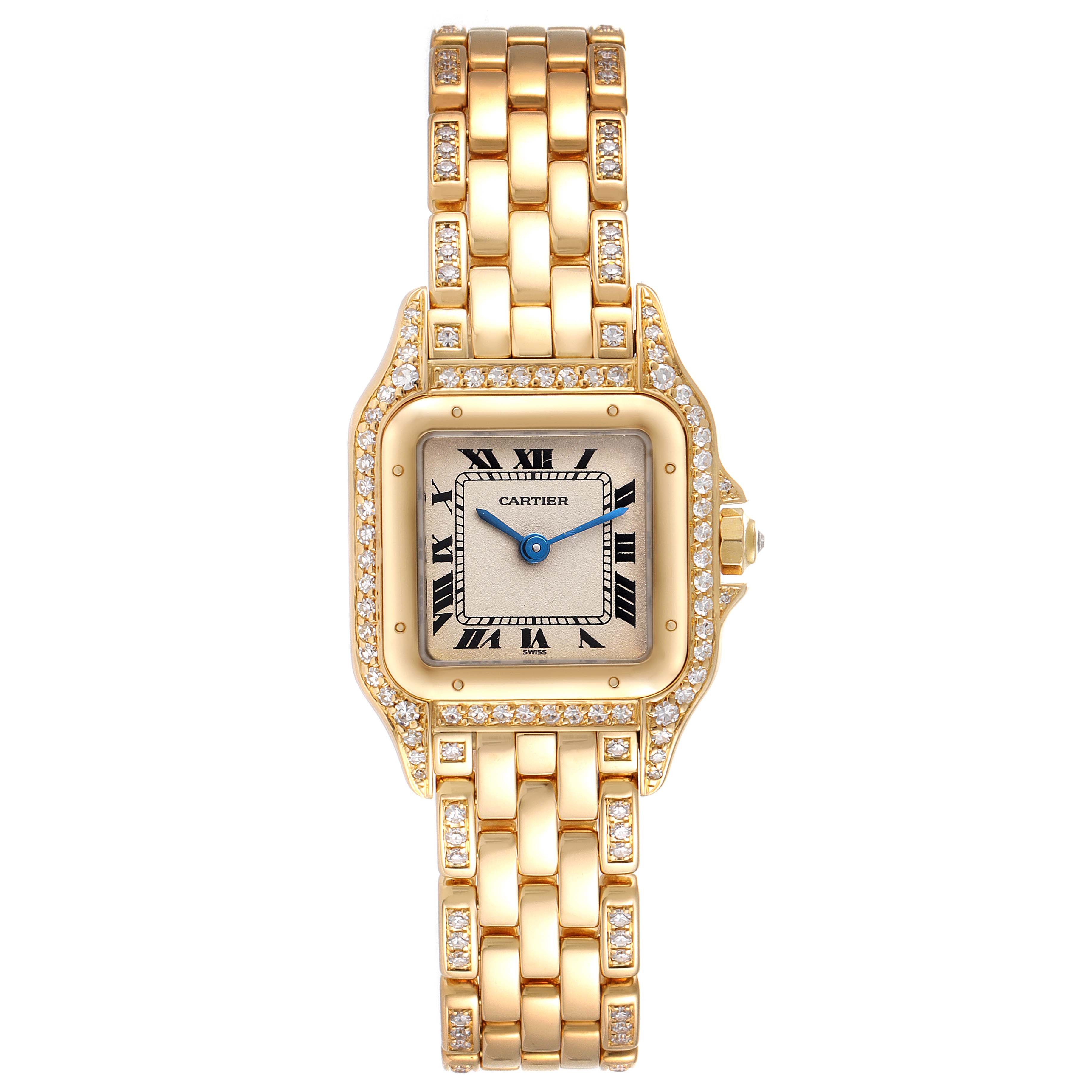 The image shows a front view of the Cartier Panthere Women's Yellow Gold Silver Dial Women's Yellow Gold Silver Dial watch, highlighting its gold band and diamond-encrusted case.