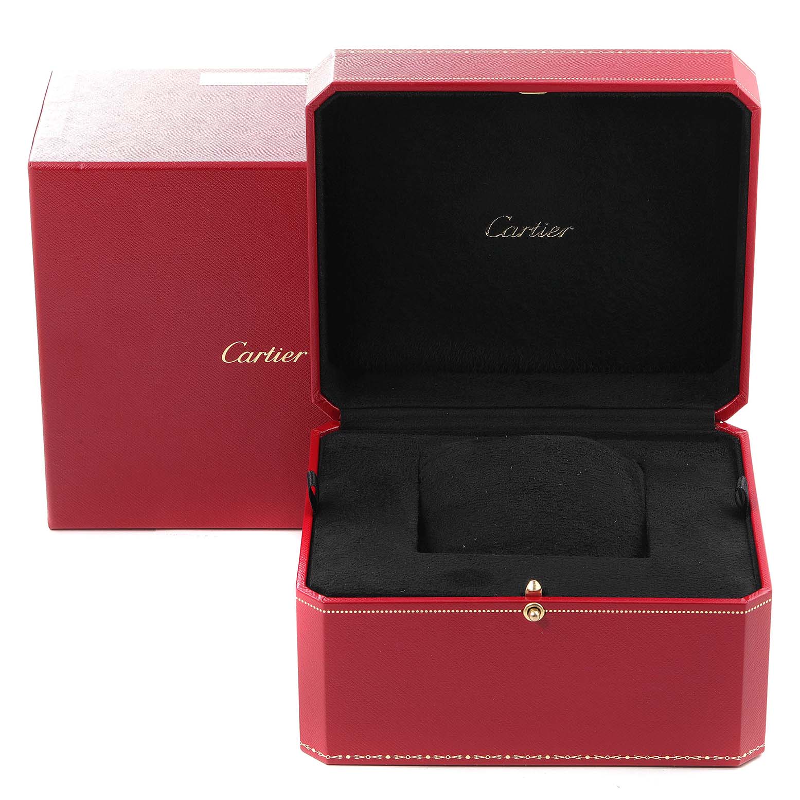 The image shows an open red Cartier Panthere Women's Yellow Gold Silver Dial Women's Yellow Gold Silver Dial watch box with the brand logo inside.