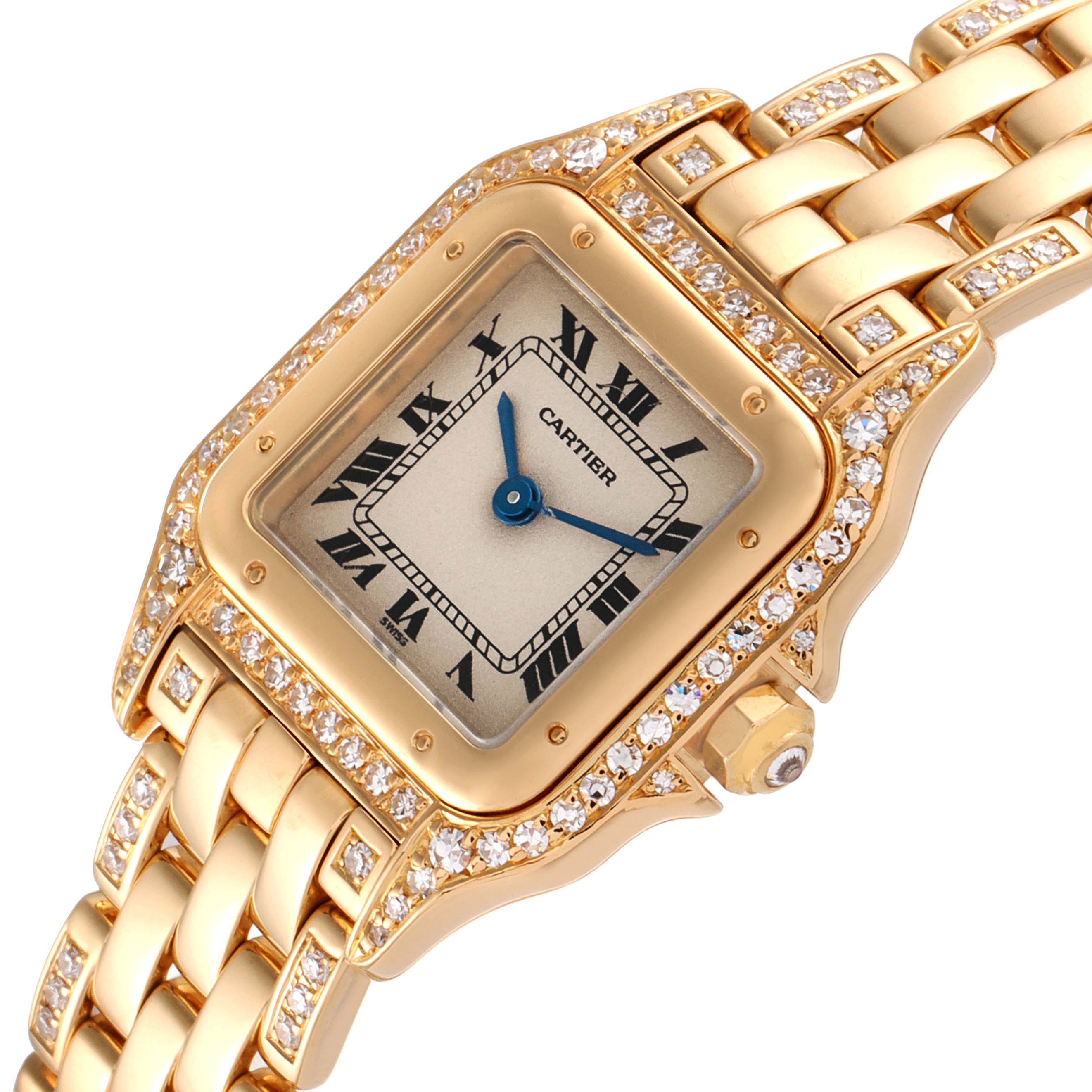 The image shows a close-up of a Cartier Panthere Women's Yellow Gold Silver Dial Women's Yellow Gold Silver Dial watch face and part of its gold bracelet, adorned with diamonds.