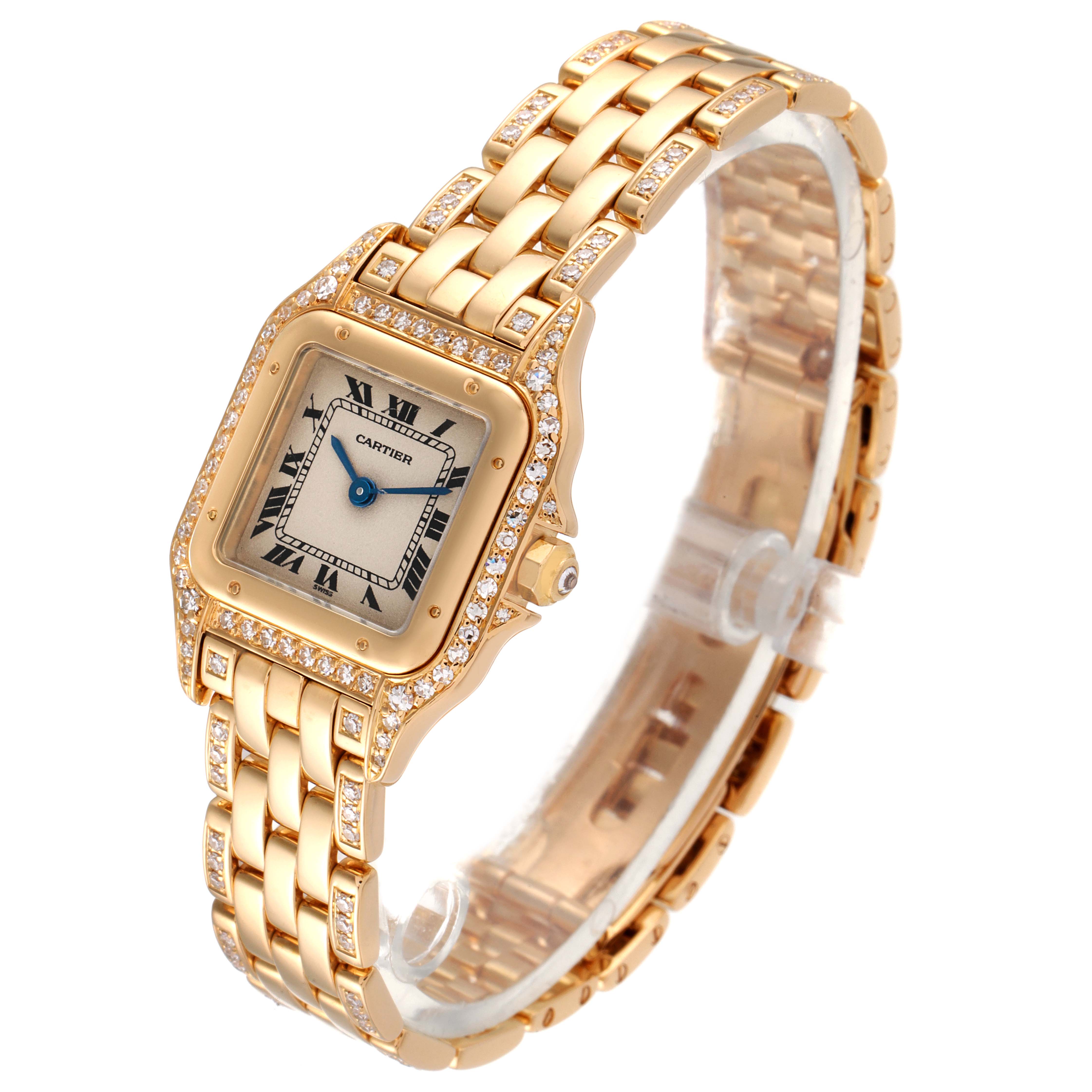 The image shows a Cartier Panthère watch in a three-quarter view, highlighting its gold bracelet, square face, and diamond accents.
