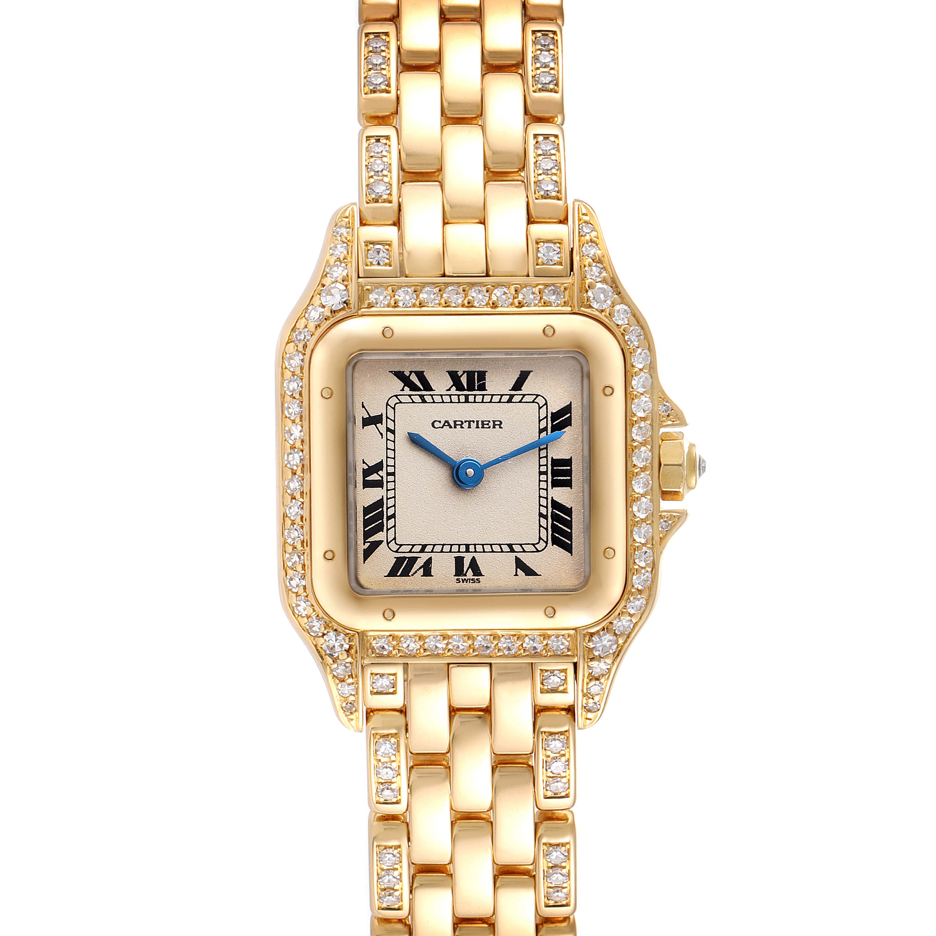 The Panthère de Cartier watch is shown from the front, displaying its face, bezel, and part of the bracelet.