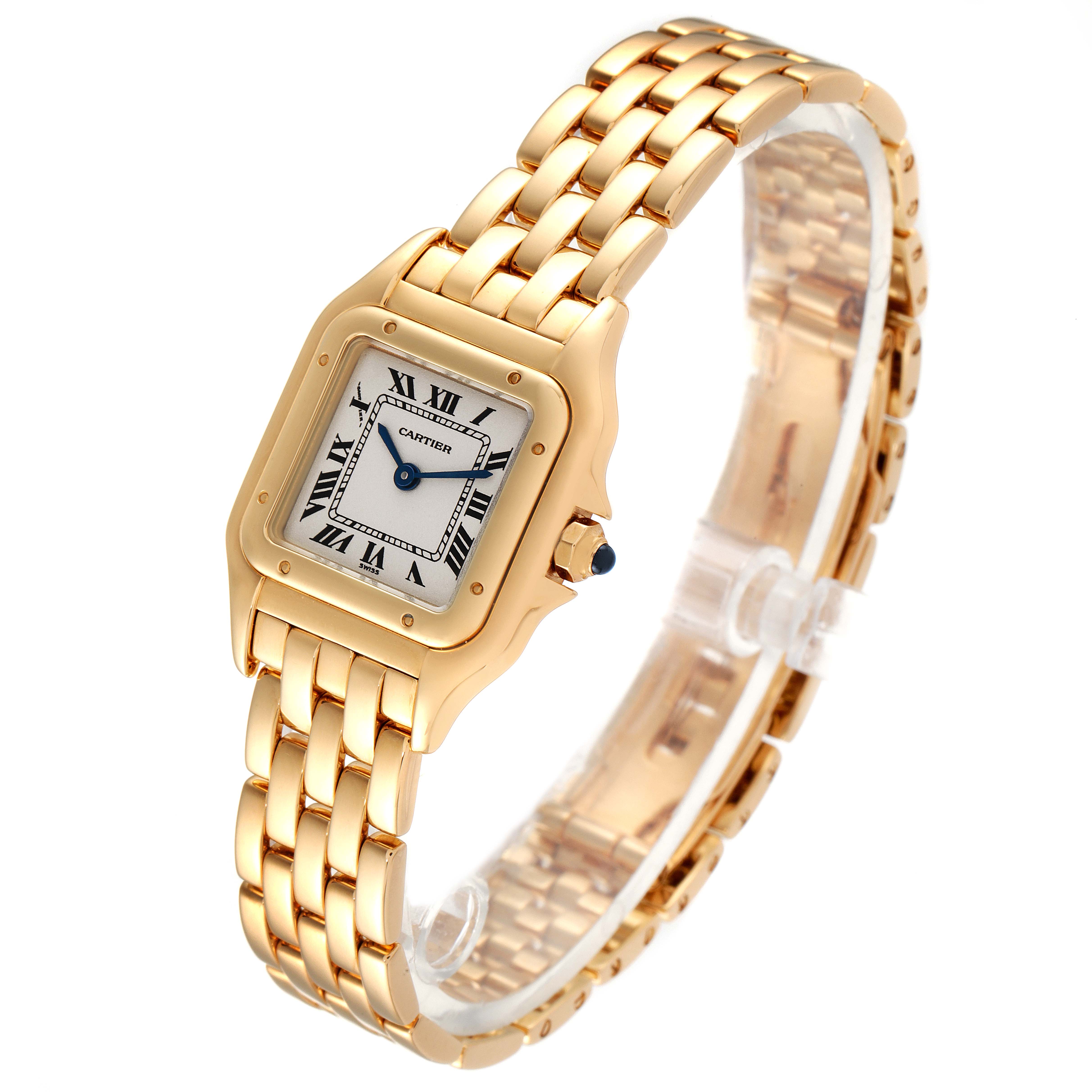 The image shows a Cartier Panthere W25022B9 Women's Yellow Gold Silver Dial W25022B9 Women's Yellow Gold Silver Dial watch at a three-quarter angle, highlighting its gold bracelet and square face with Roman numerals.