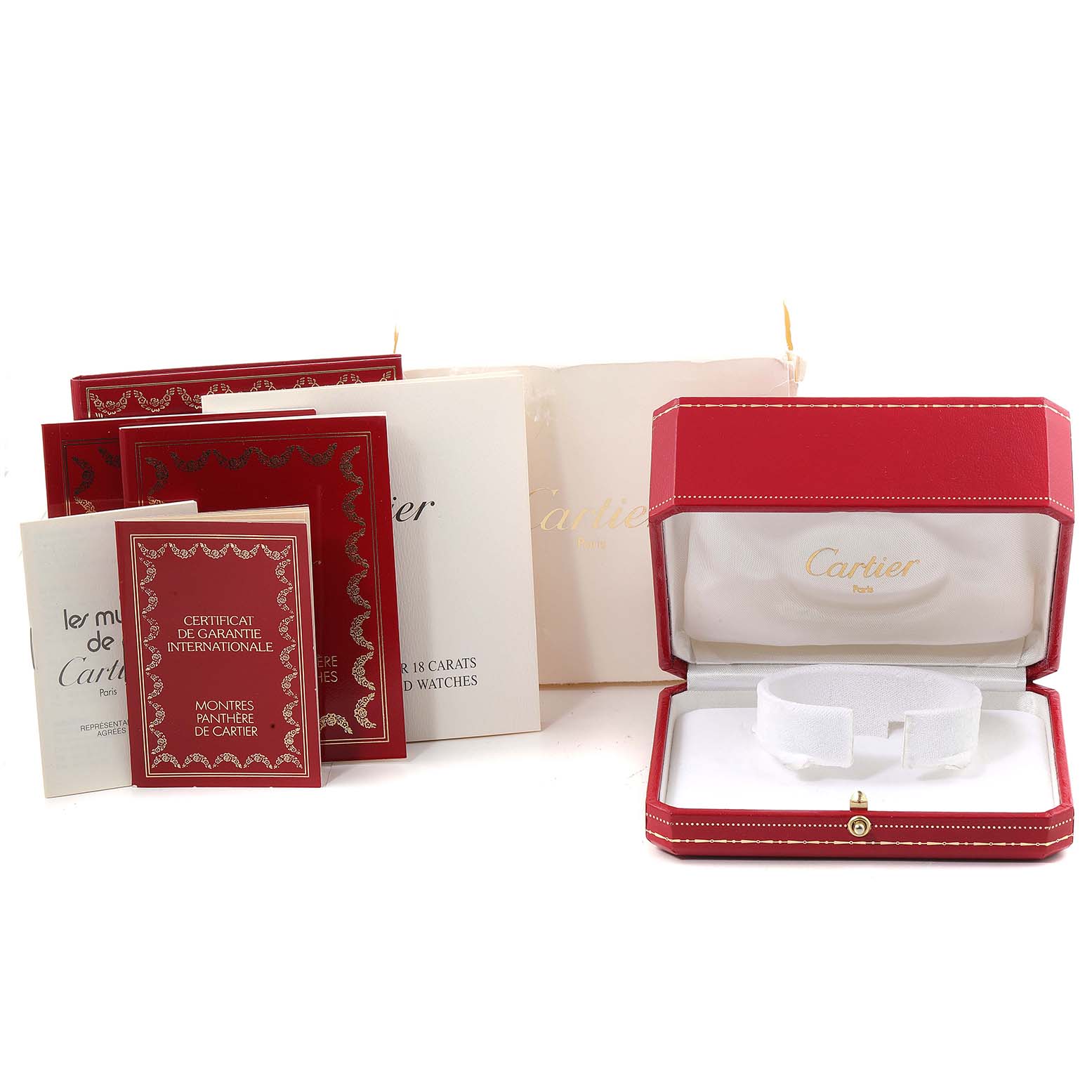 This image shows the packaging, documentation, and empty watch case for a Cartier Panthere W25022B9 Women's Yellow Gold Silver Dial W25022B9 Women's Yellow Gold Silver Dial model watch.