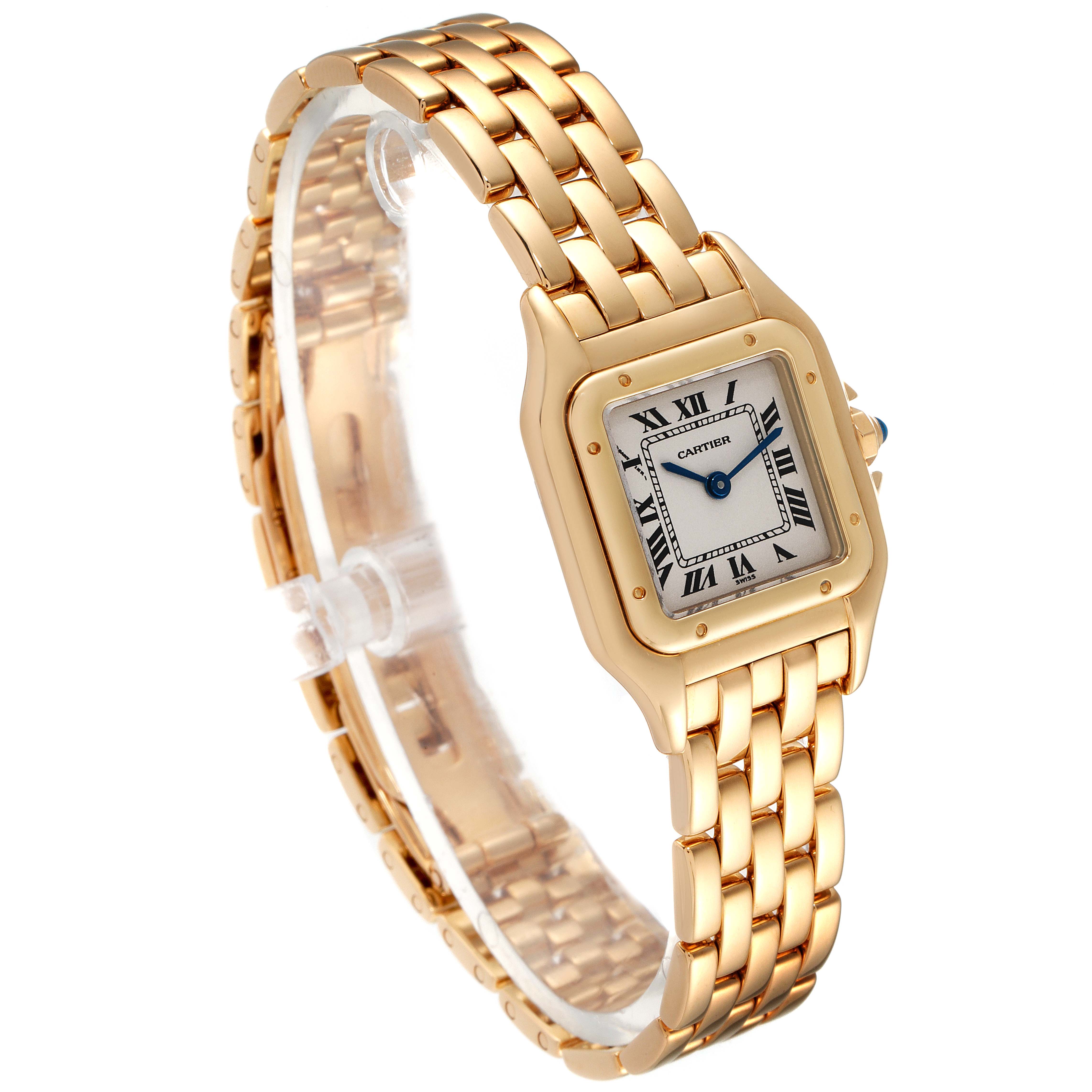 The image shows a Cartier Panthere W25022B9 Women's Yellow Gold Silver Dial W25022B9 Women's Yellow Gold Silver Dial watch at a side angle, highlighting its gold link bracelet and square face with Roman numerals.