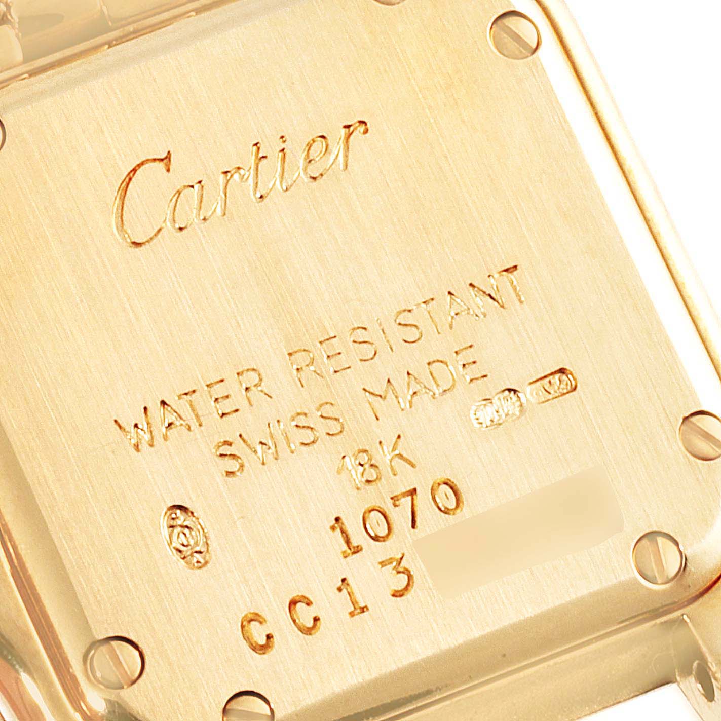 The image shows the back casing of a Panthere model by Cartier, emphasizing its engravings and screws.