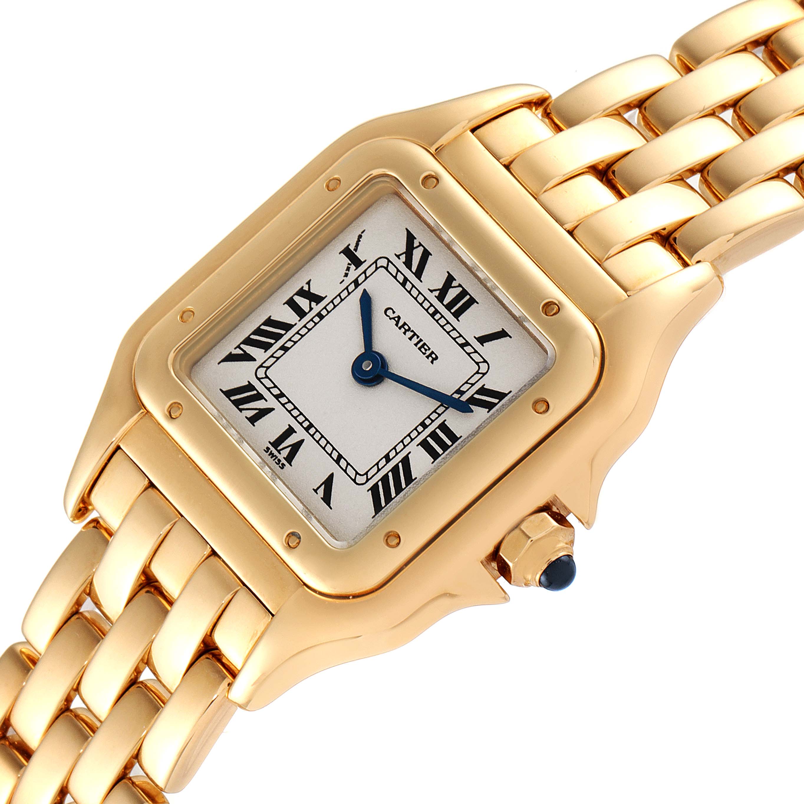The Cartier Panthere W25022B9 Women's Yellow Gold Silver Dial W25022B9 Women's Yellow Gold Silver Dial watch is displayed from an angled top-down view, showing the face, bezel, crown, and part of the bracelet.