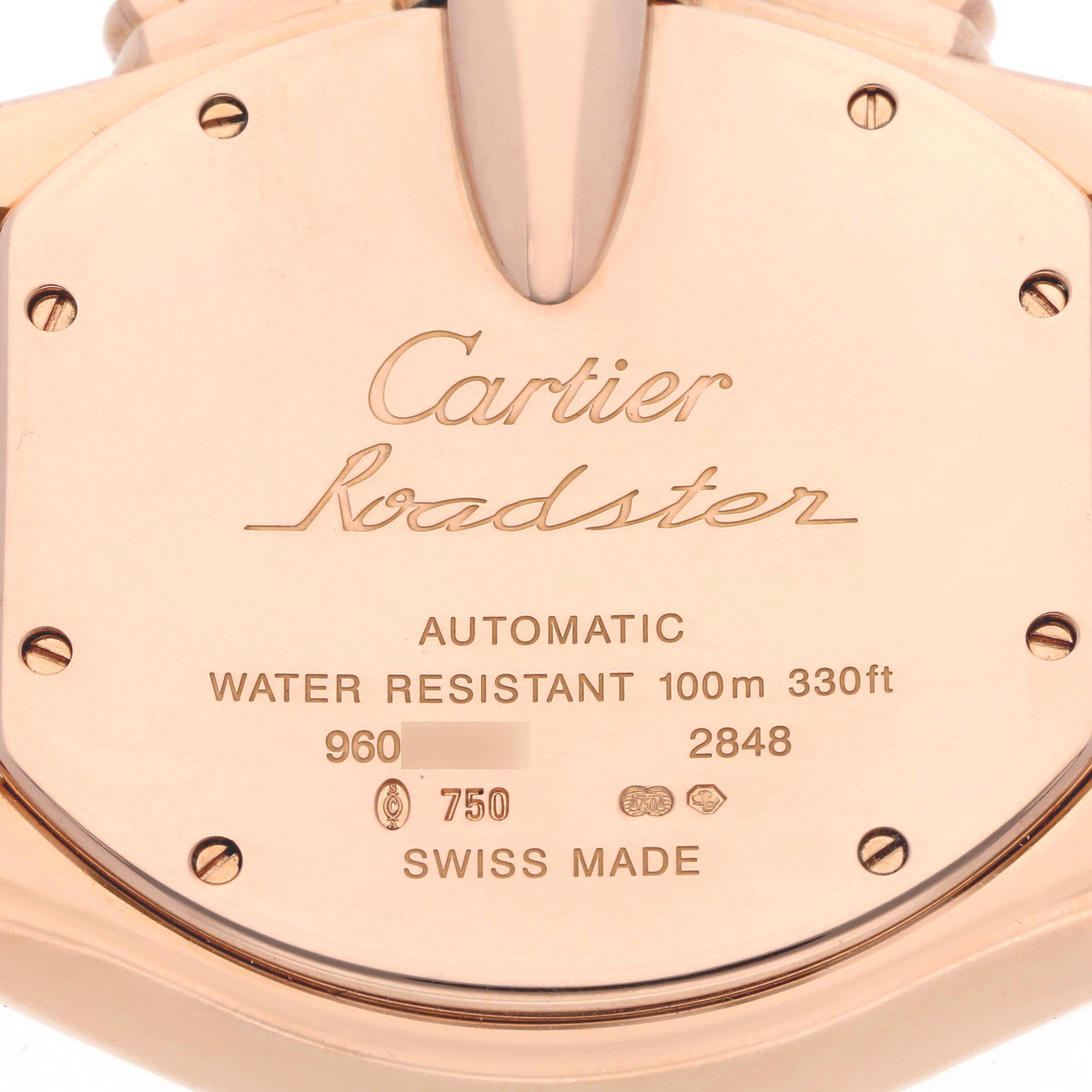 The image shows the back case of the Cartier Roadster W62042Y5 Men's Rose Gold Brown Dial watch, detailing its automatic movement and water resistance.