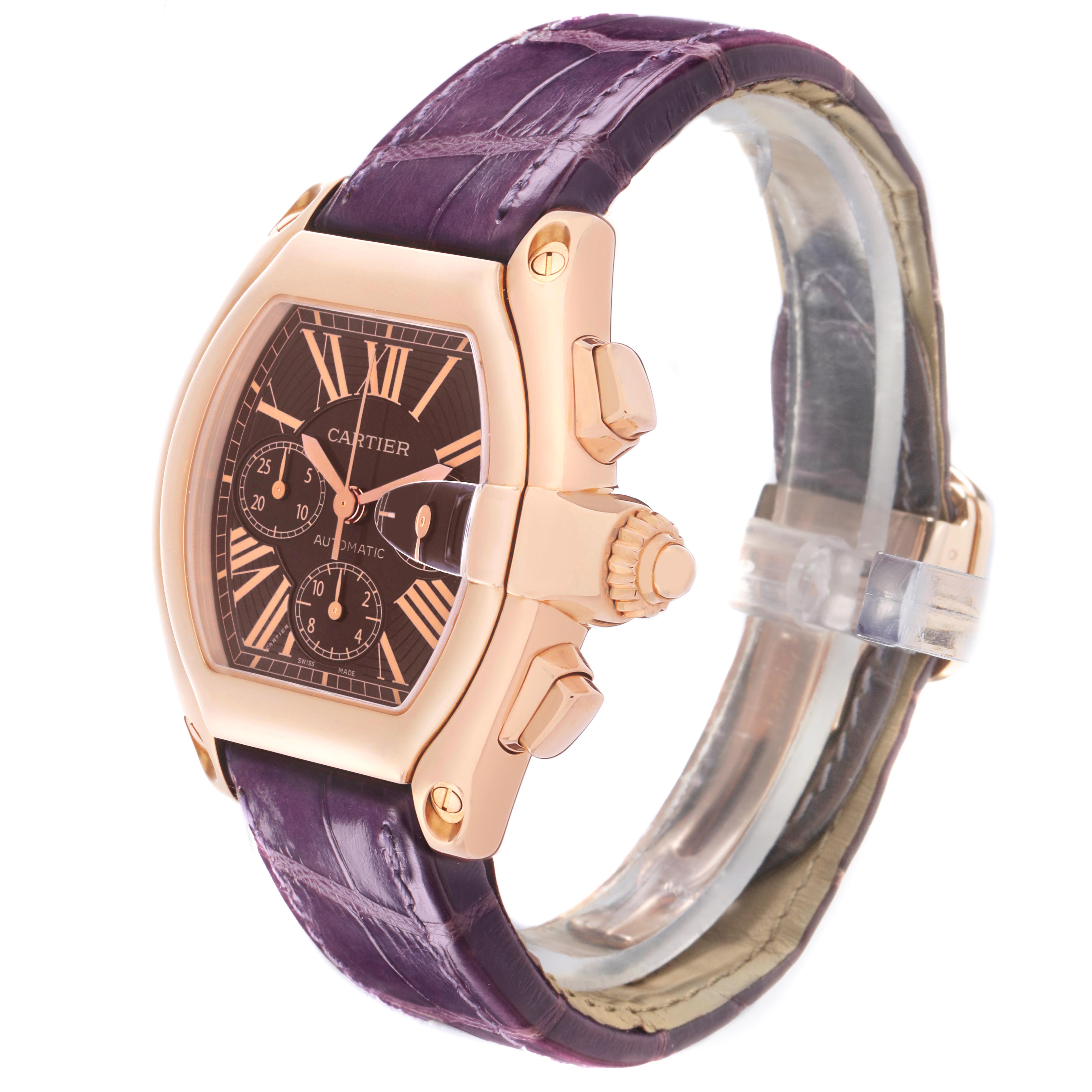 The Cartier Roadster W62042Y5 Men's Rose Gold Brown Dial watch is shown at a three-quarter angle, highlighting the case, crown, and strap.