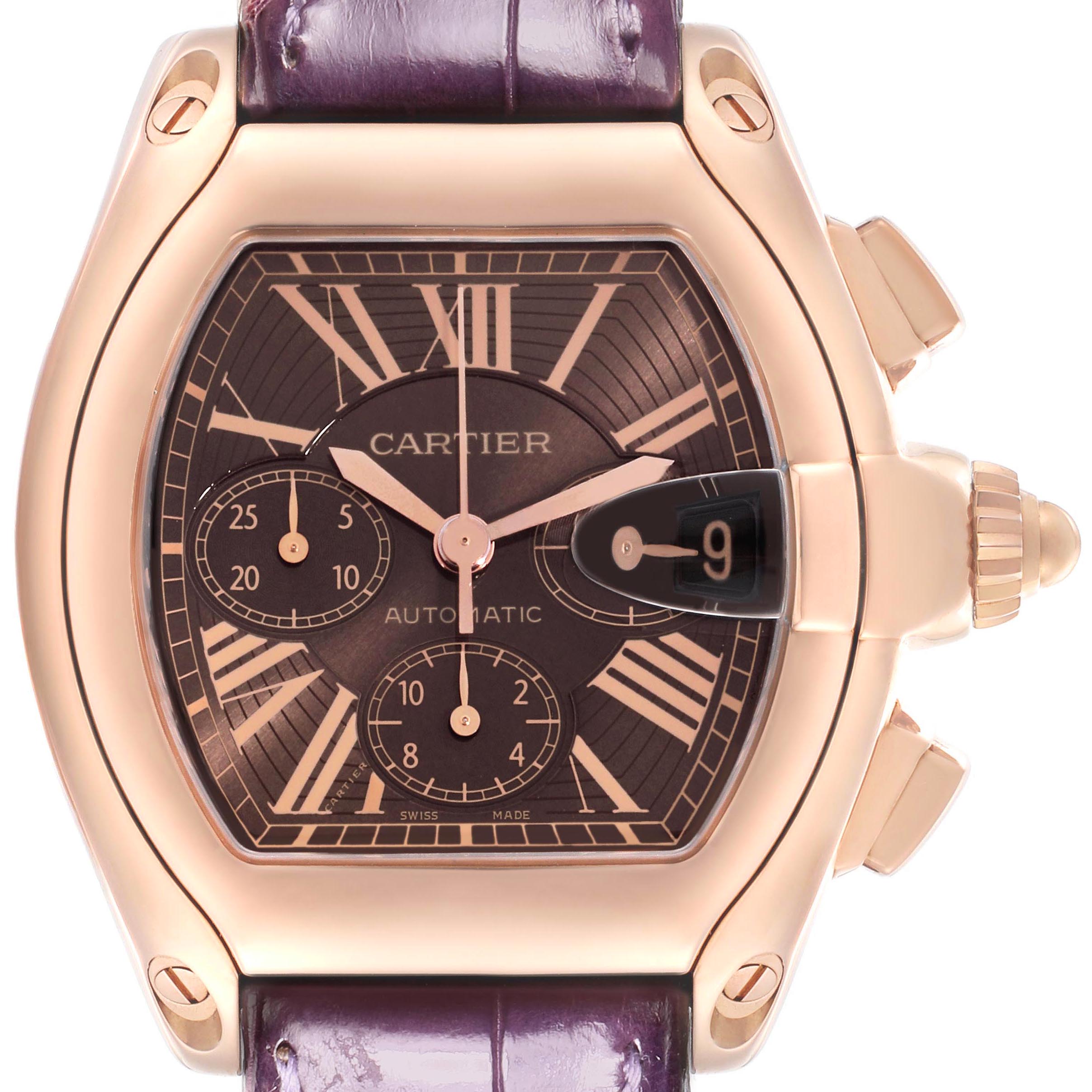 The Cartier Roadster W62042Y5 Men's Rose Gold Brown Dial watch is shown from a front angle, highlighting its dial, case, crown, and leather strap.