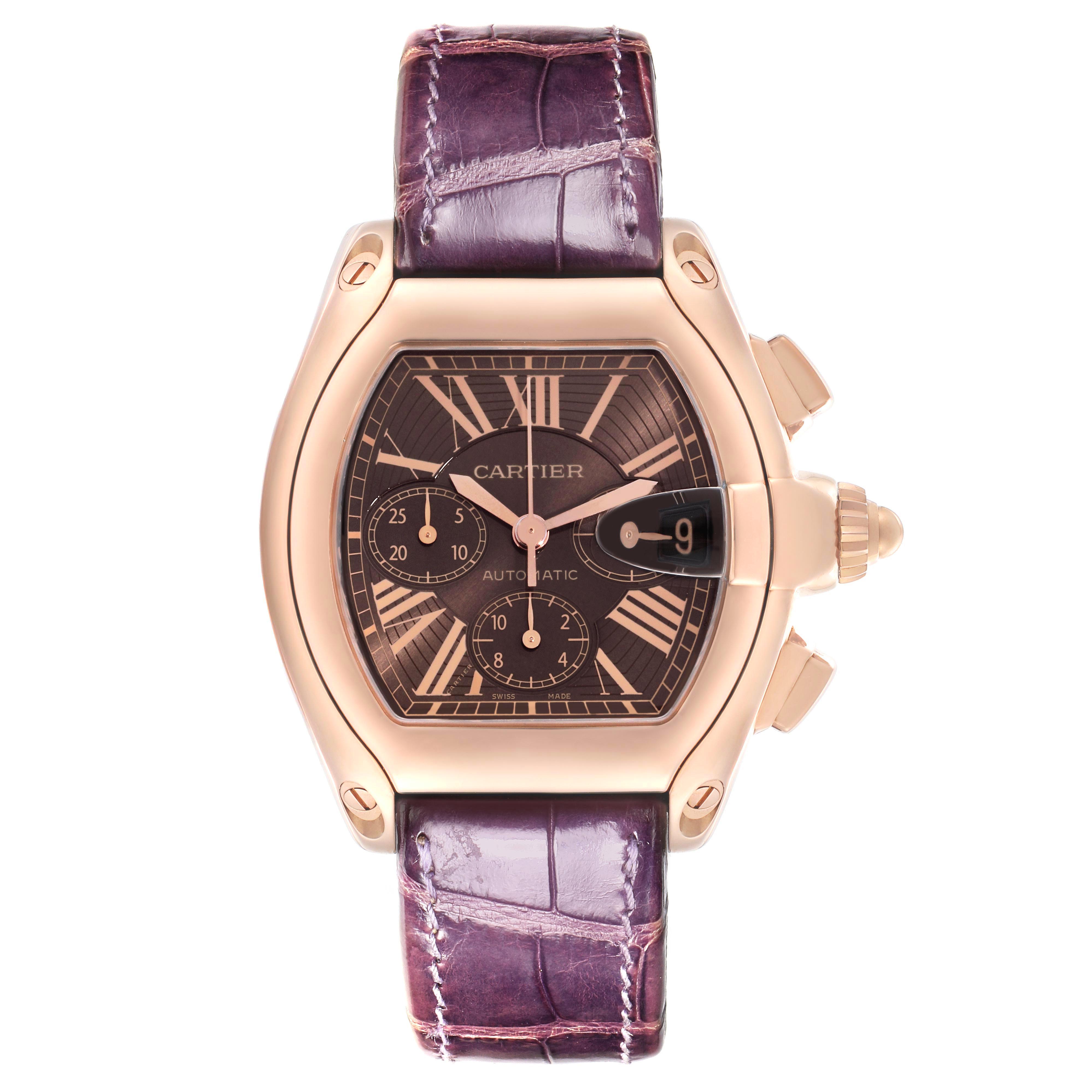 The Cartier Roadster W62042Y5 Men's Rose Gold Brown Dial watch is shown from a front angle, displaying its face, strap, and side crown.