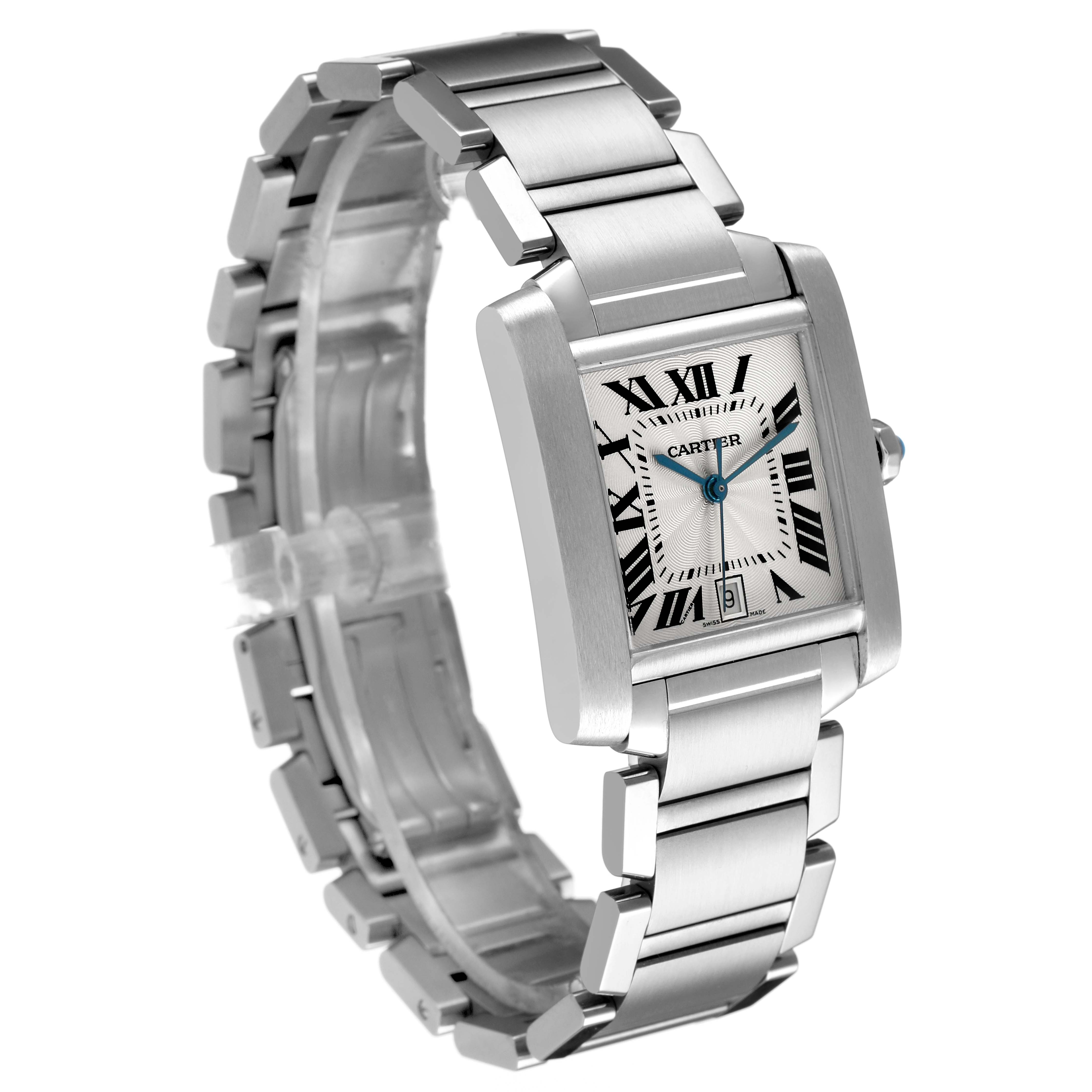 The Cartier Tank Francaise W51002Q3 Men's Stainless Steel Silver Dial watch is shown at an angle highlighting its rectangular face and stainless steel bracelet.