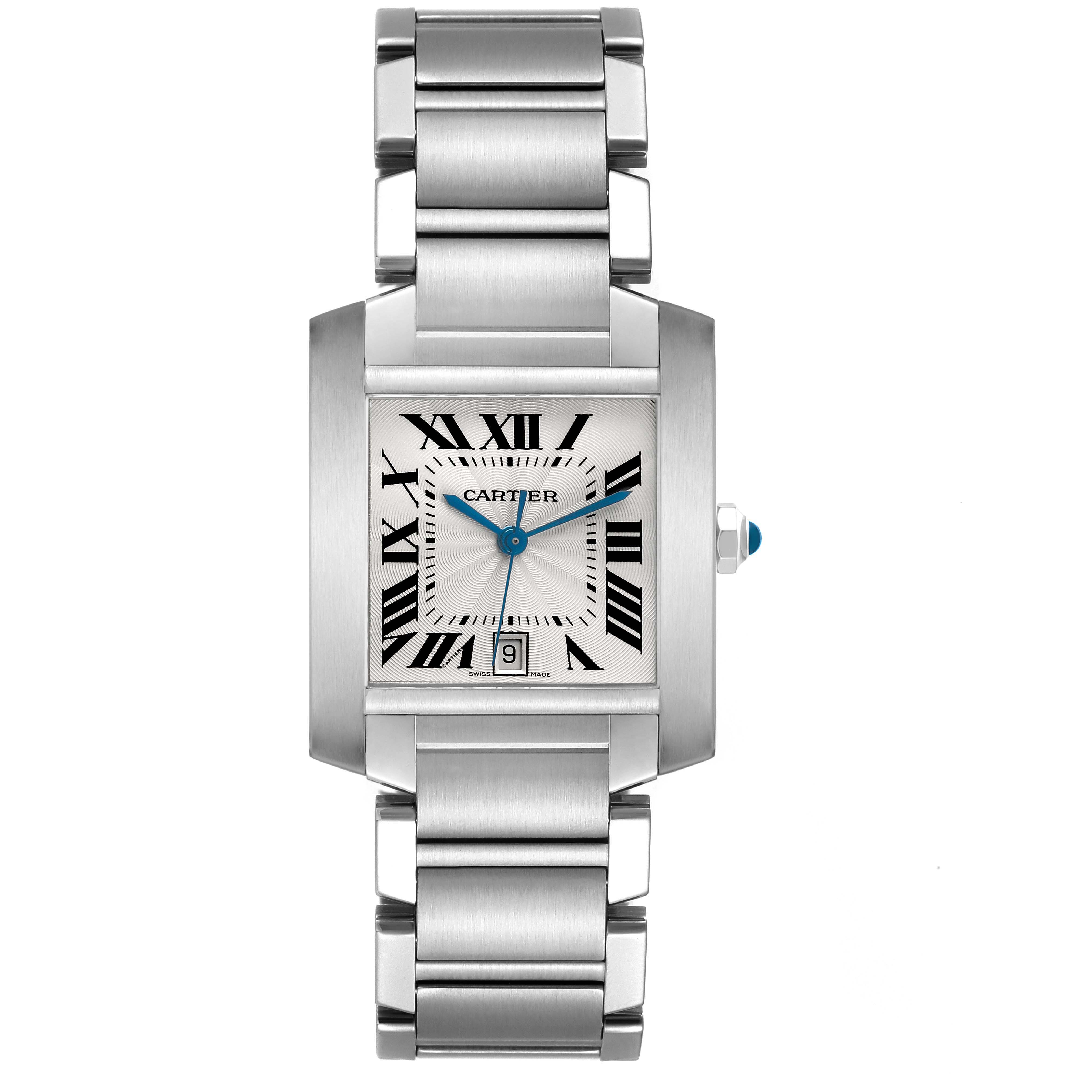 The Cartier Tank Française watch is shown from a top view, highlighting its rectangular face, Roman numerals, and metallic bracelet.