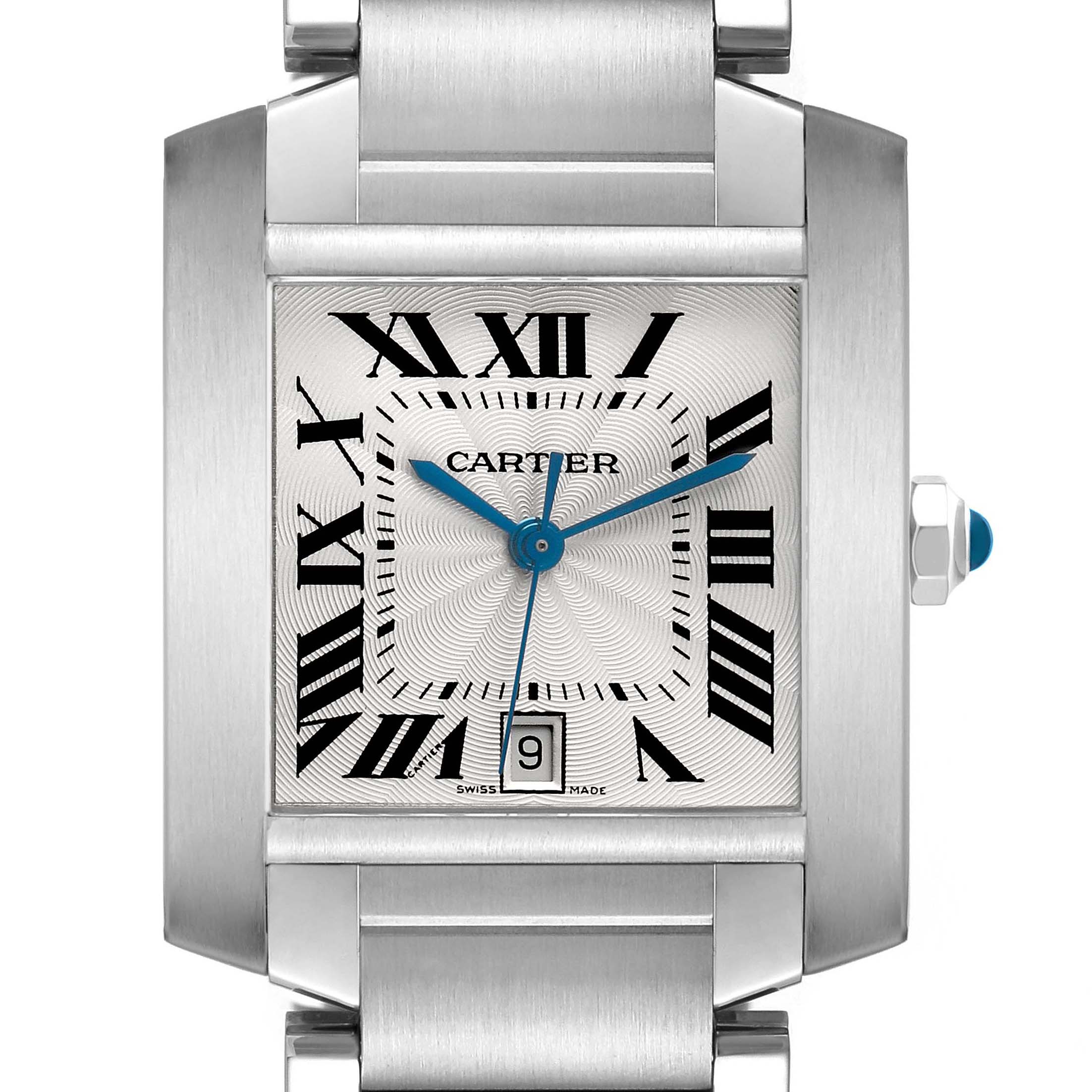 The Cartier Tank Francaise W51002Q3 Men's Stainless Steel Silver Dial is shown from a top view, displaying the face with Roman numerals, blue hands, and date window.