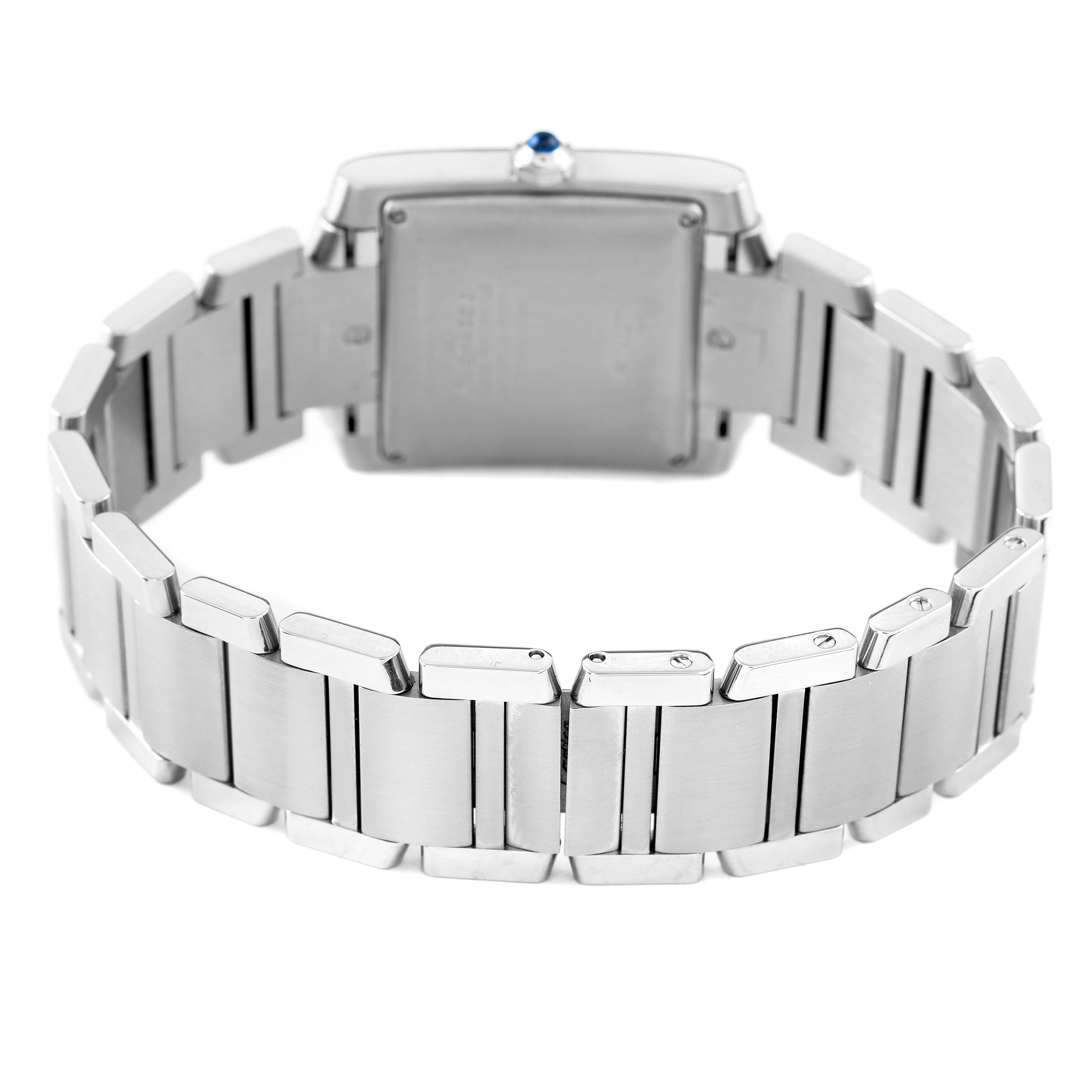 The image shows the back and bracelet of a Cartier Tank Francaise W51002Q3 Men's Stainless Steel Silver Dial watch from a rear angle.