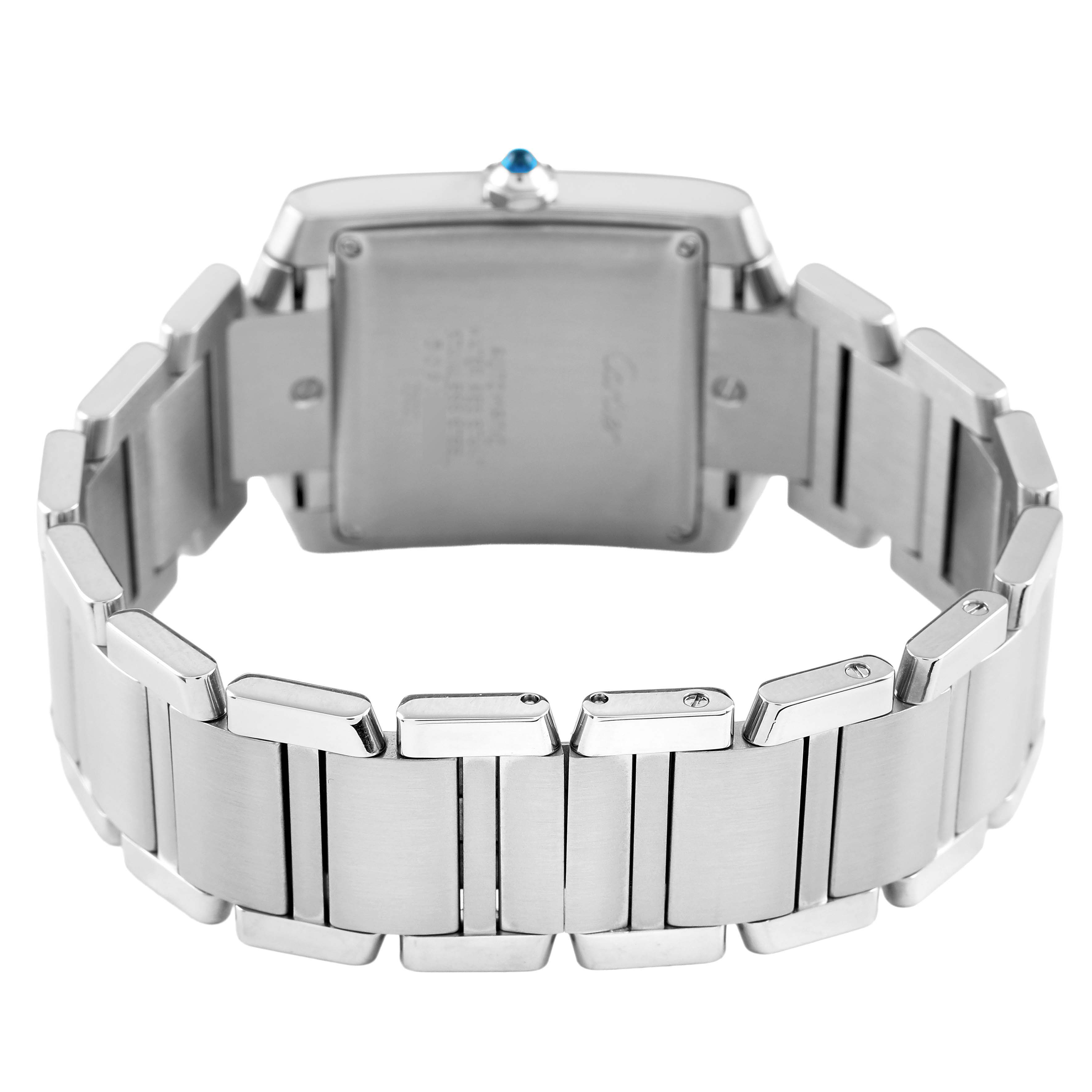 The Cartier Tank Française watch is shown from the back, highlighting its metal bracelet and caseback.