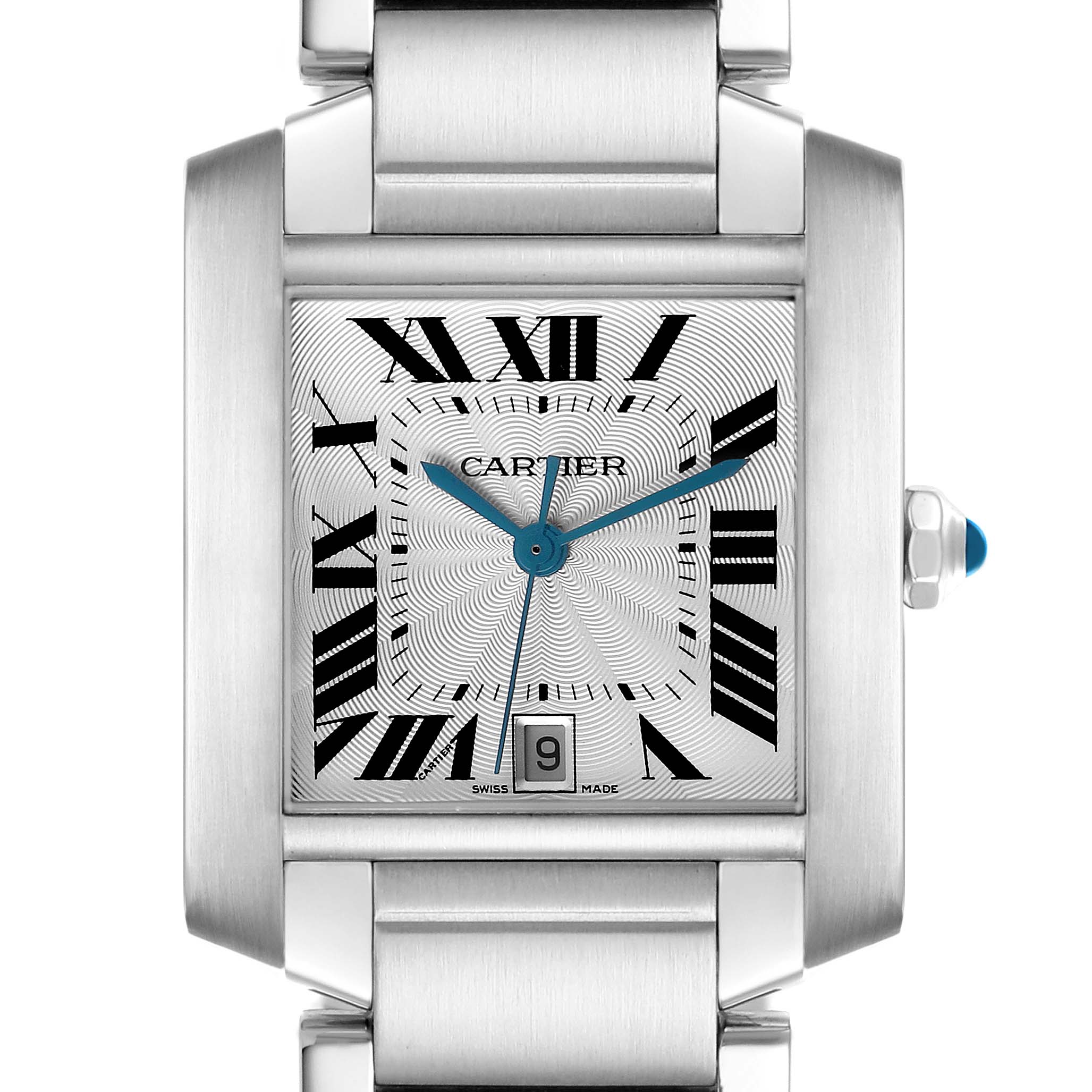 The Cartier Tank Française watch is shown from the front, displaying the dial, Roman numerals, hands, and bracelet.