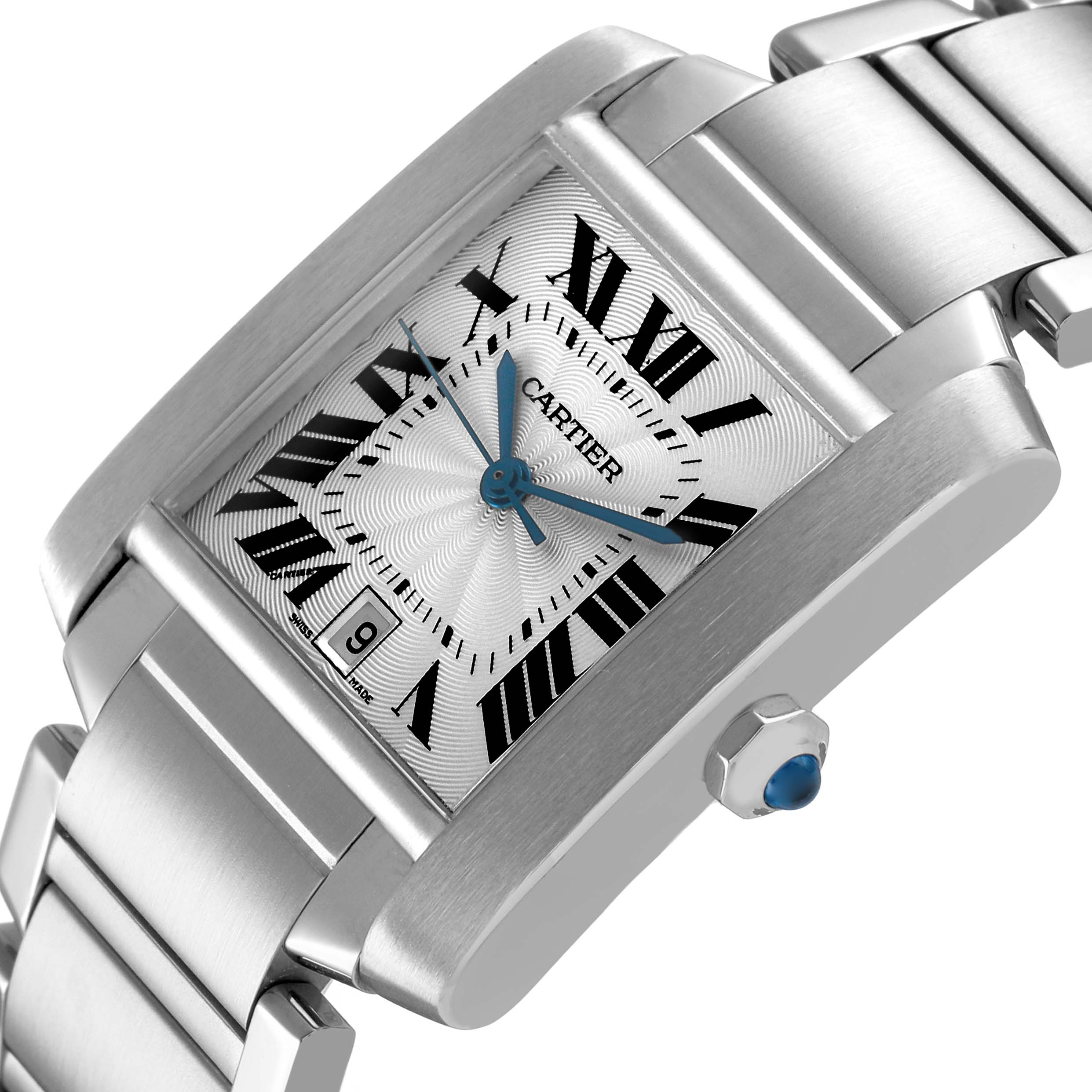 The Cartier Tank Française watch is shown at an angle, highlighting its face, crown, and part of the bracelet.