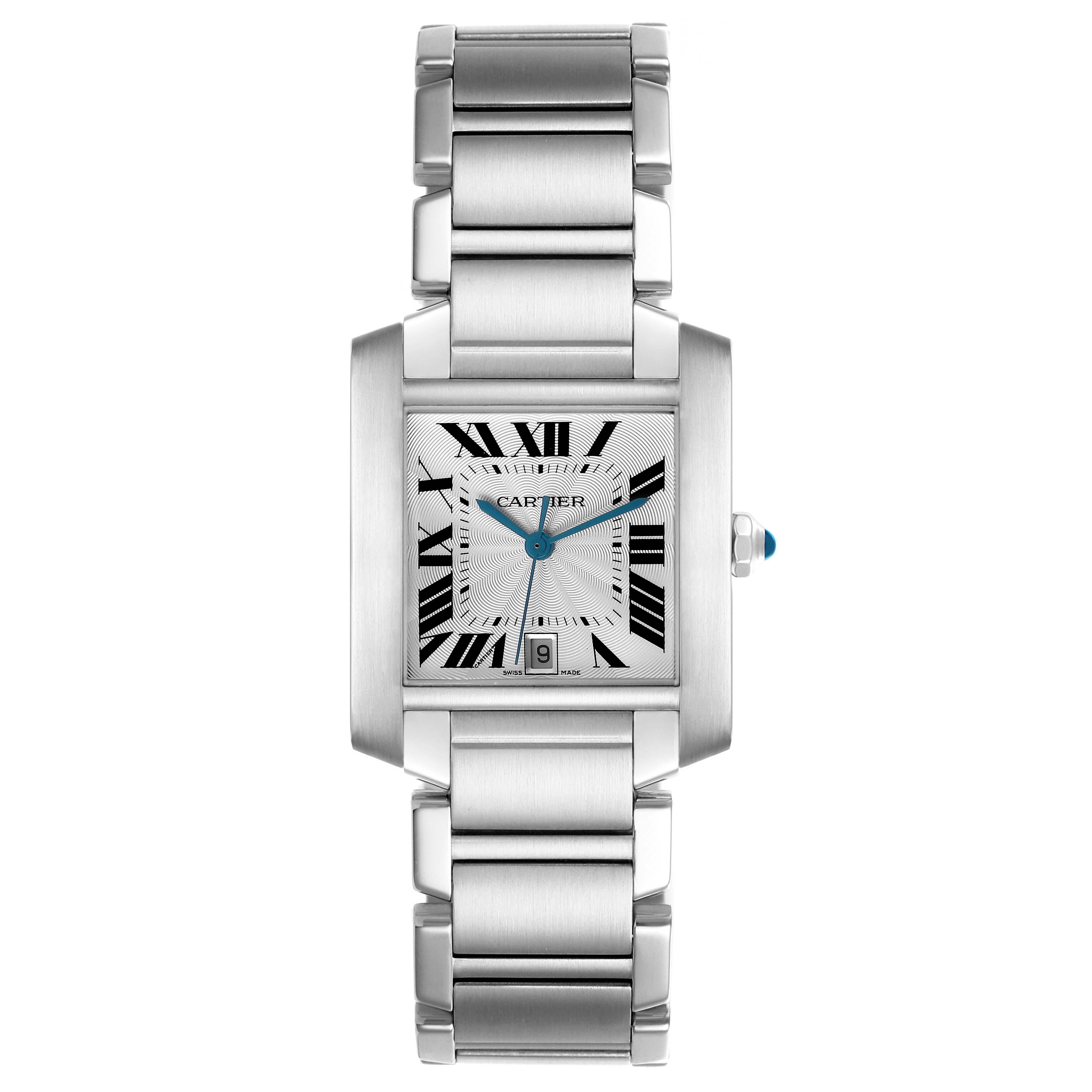 This image shows a Cartier Tank Française watch from the front, highlighting the face, Roman numerals, and metal bracelet.