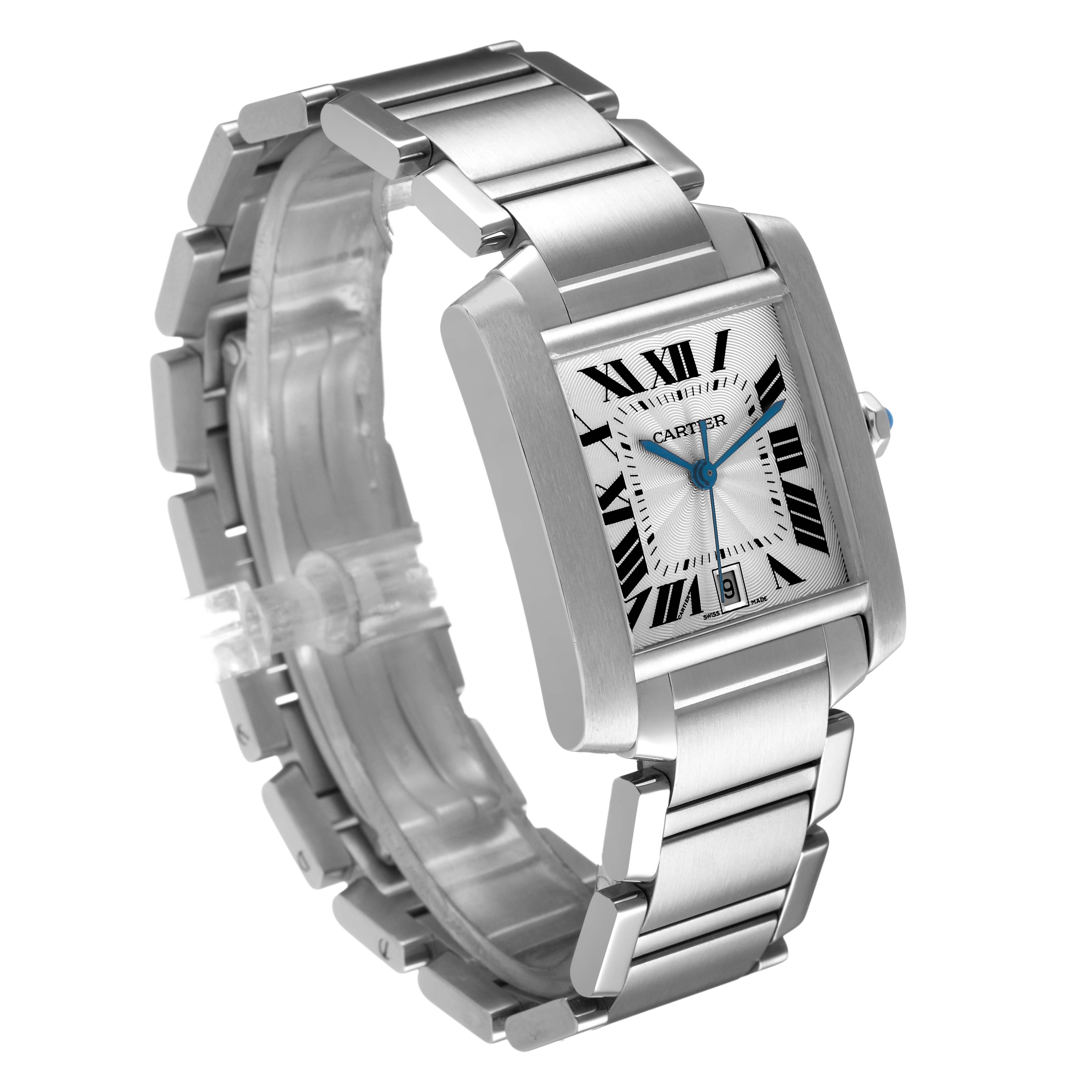 The Cartier Tank Française watch is shown in a three-quarter angle, featuring its bracelet, rectangular case, and face.