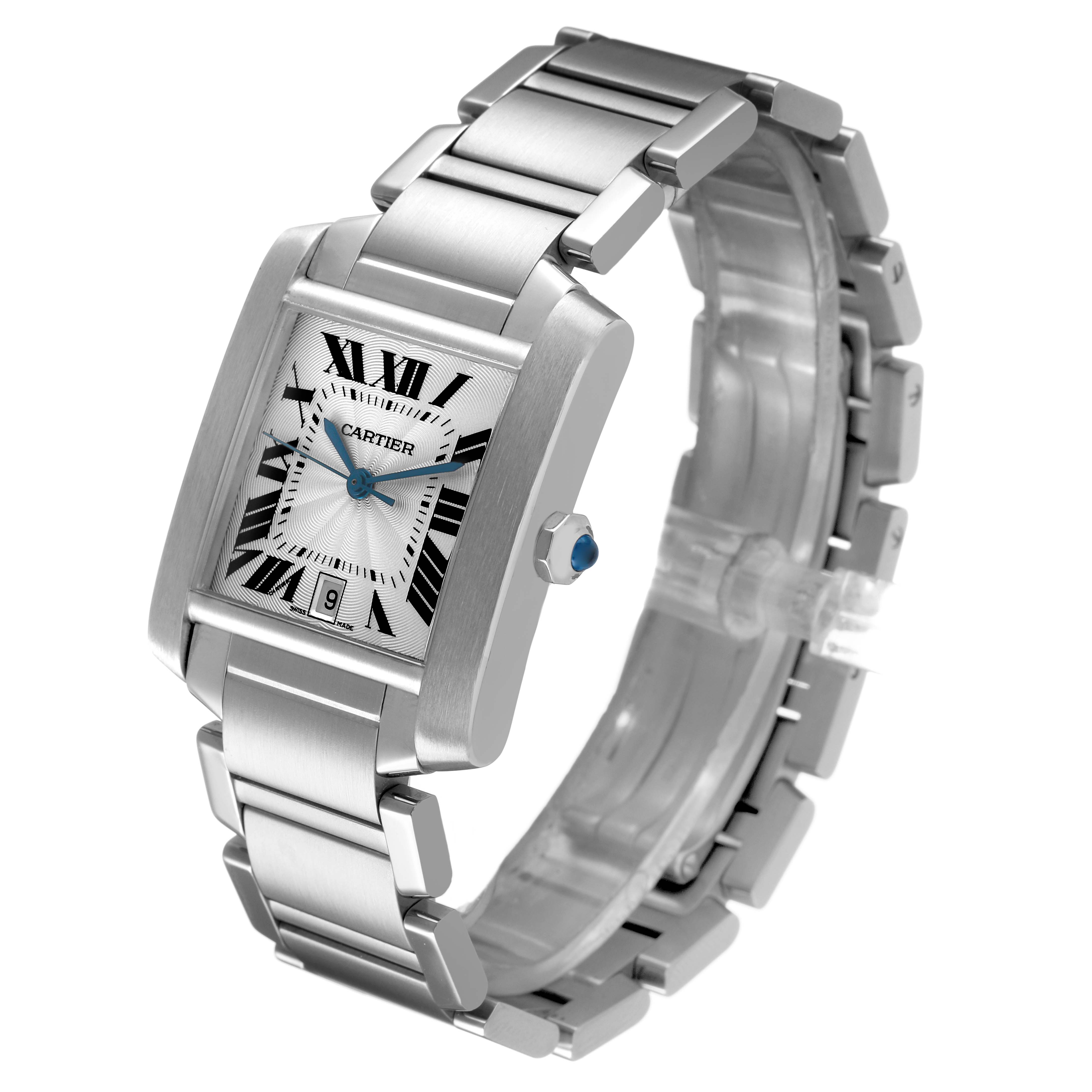 The Cartier Tank Française watch is shown at a slight angle, highlighting the face, case, crown, and bracelet.