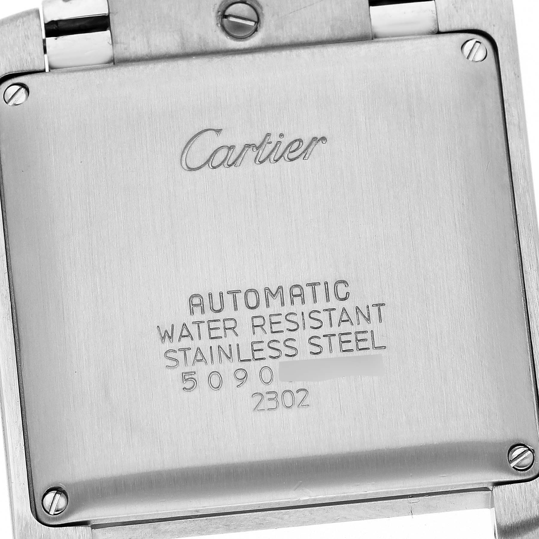 The image shows the back case of a Cartier Tank Francaise W51002Q3 Men's Stainless Steel Silver Dial watch, displaying engravings and screws.
