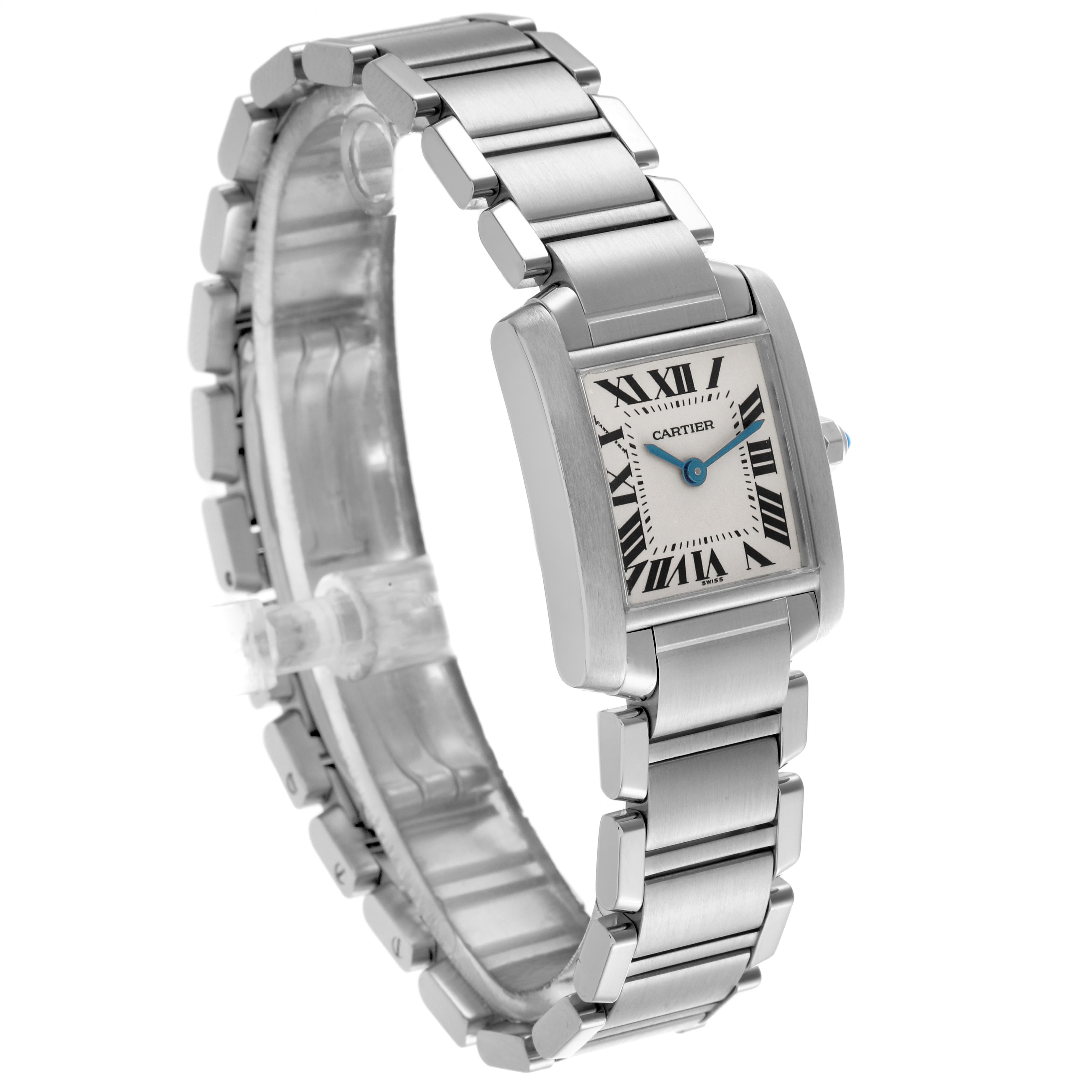 The Cartier Tank Française watch is shown at an angle highlighting the face, bracelet, and crown.