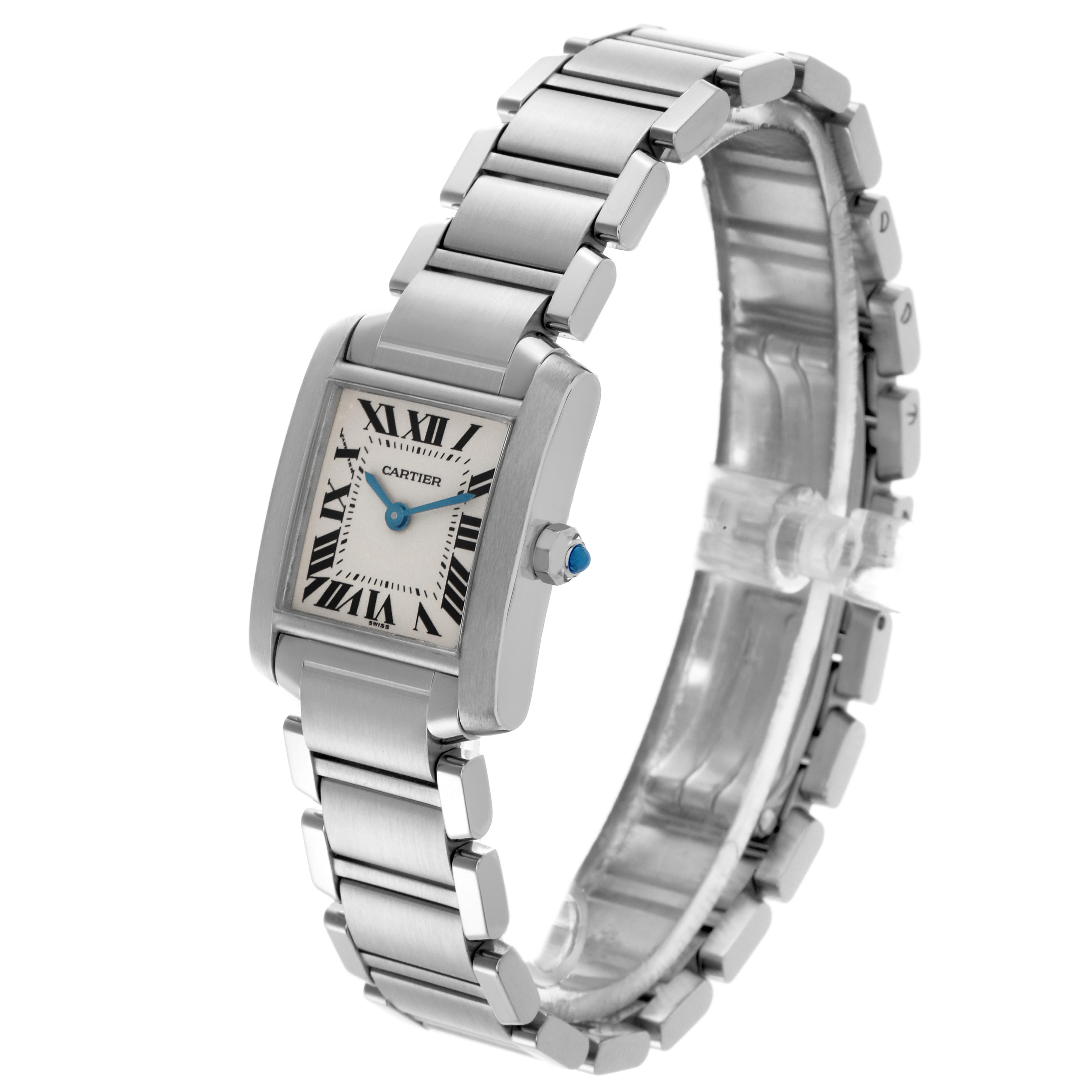 The Cartier Tank Française watch is shown at a three-quarter angle, highlighting its face, bracelet, and crown.