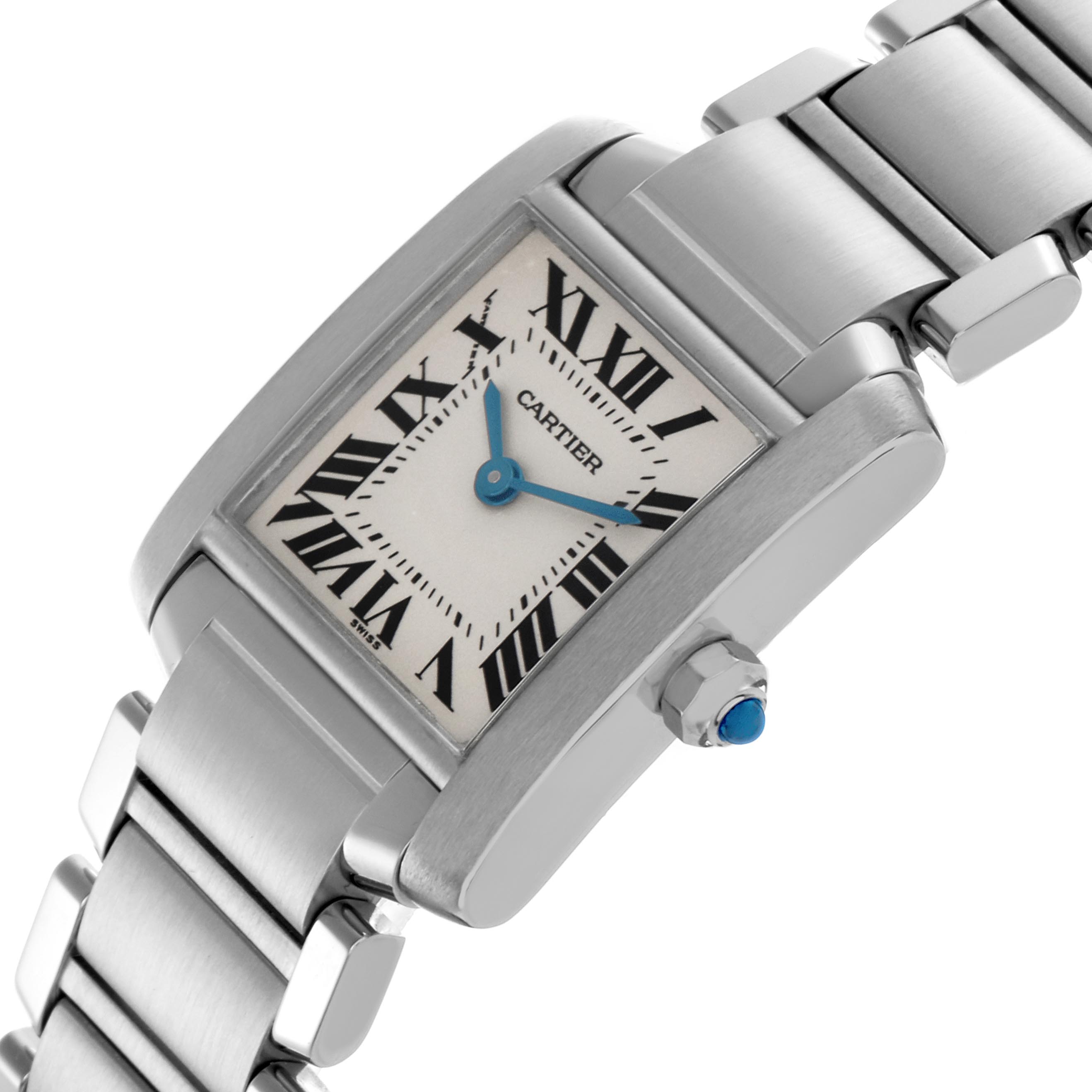 The Cartier Tank Francaise W51008Q3 Women's Stainless Steel Silver Dial W51008Q3 Women's Stainless Steel Silver Dial watch is shown at an angle highlighting the face, crown, and part of the metal bracelet.