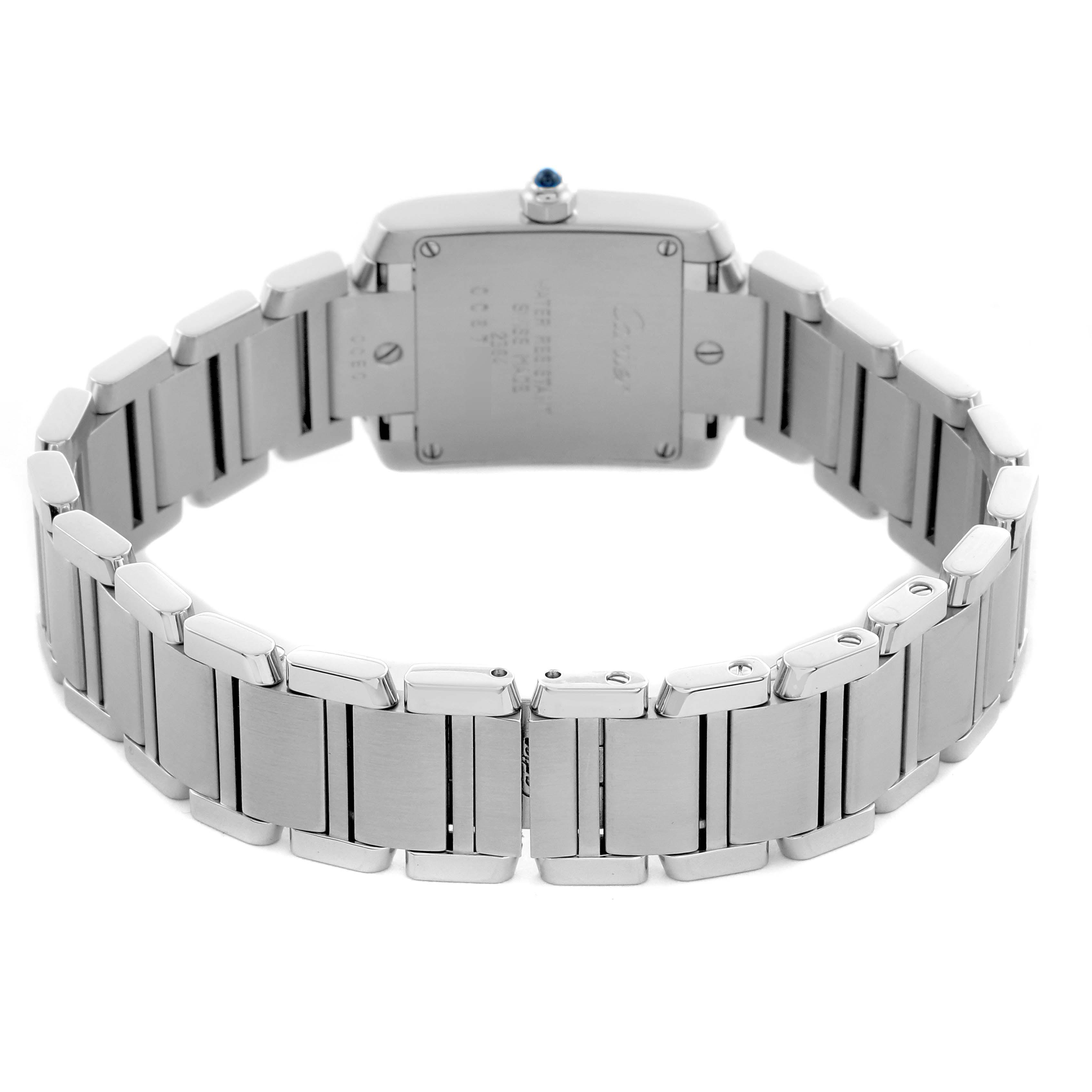 The Cartier Tank Francaise W51008Q3 Women's Stainless Steel Silver Dial W51008Q3 Women's Stainless Steel Silver Dial watch is shown from the back, highlighting its bracelet and case back.
