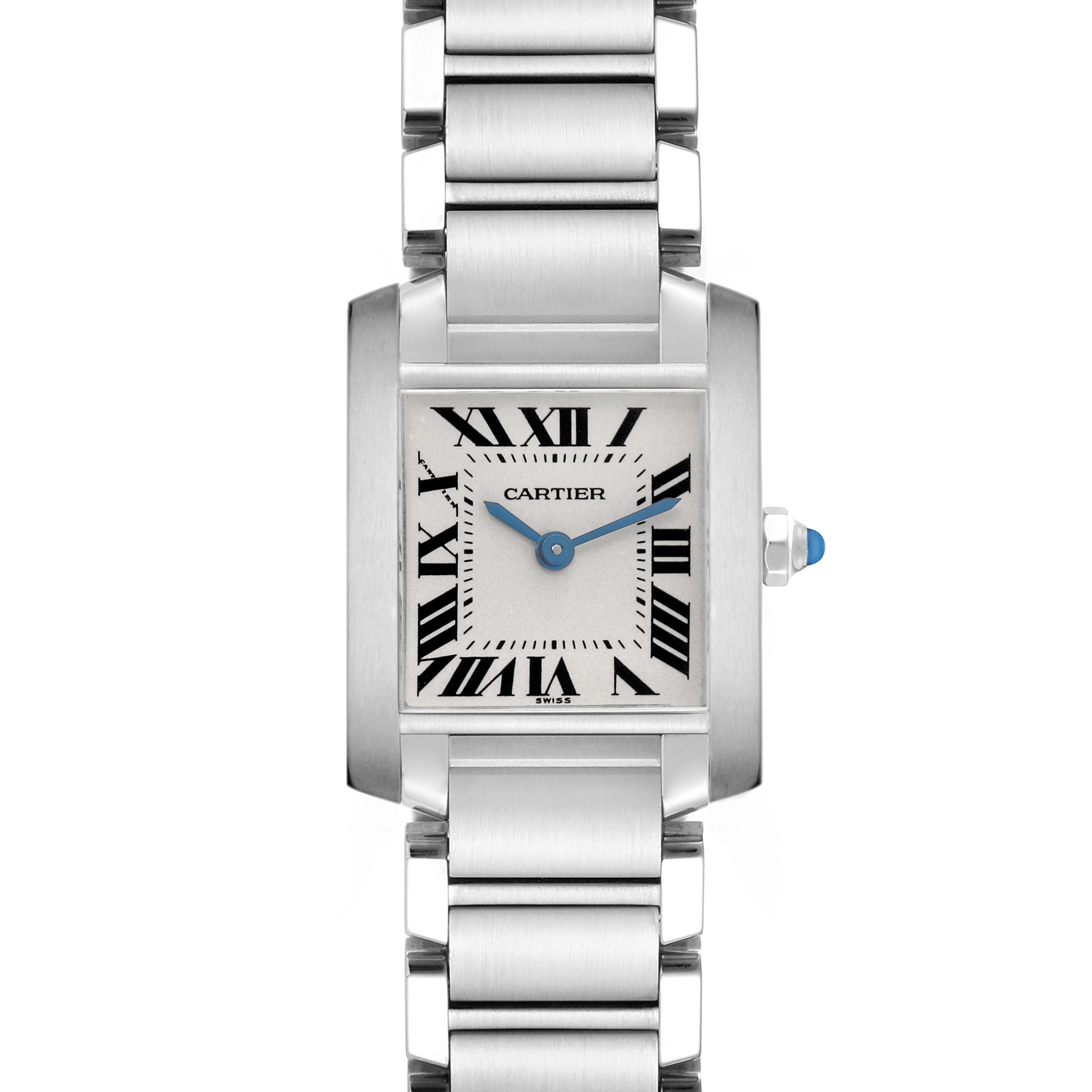 The Cartier Tank Francaise W51008Q3 Women's Stainless Steel Silver Dial W51008Q3 Women's Stainless Steel Silver Dial watch is shown from a front angle, displaying the face, bracelet, and crown.