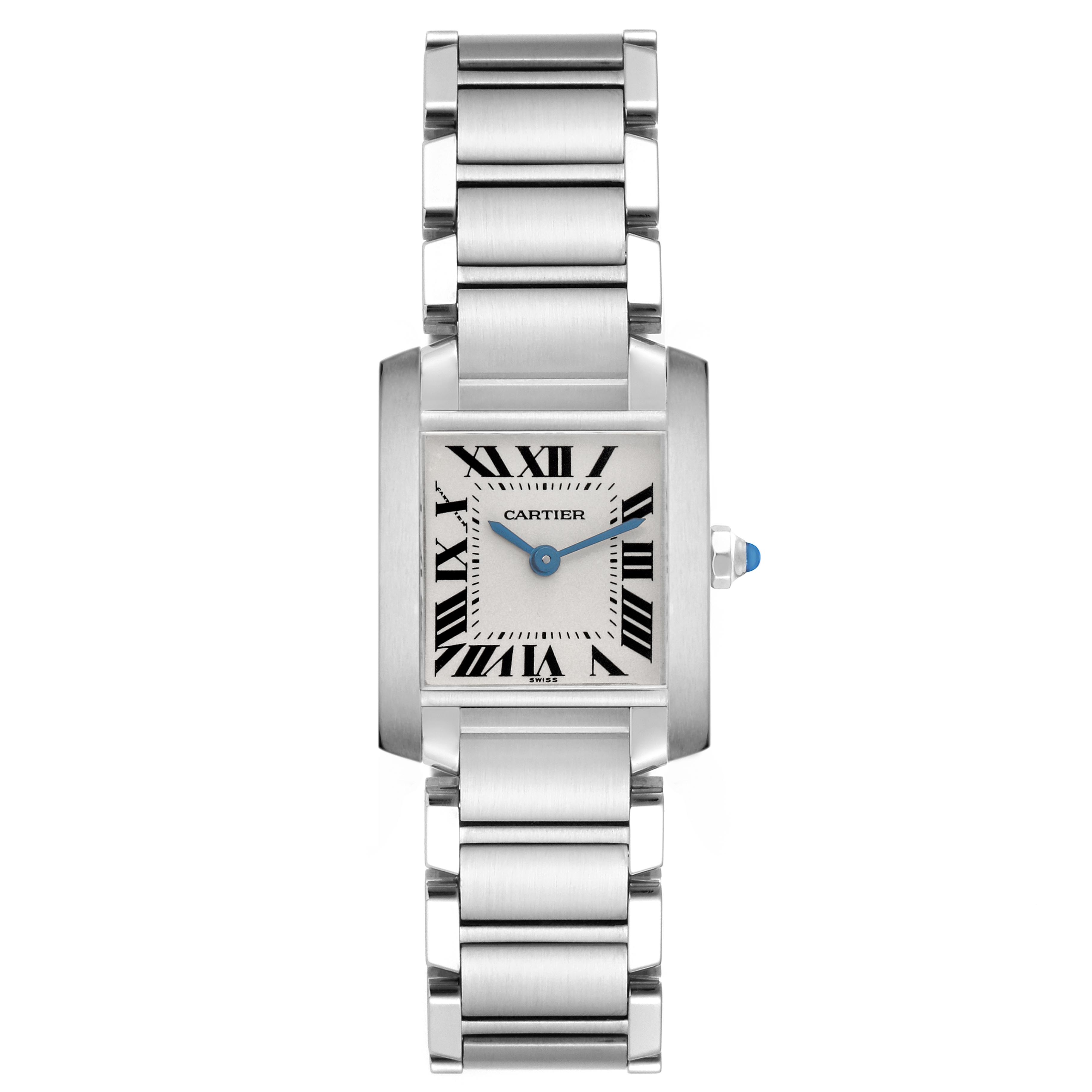 The Cartier Tank Française watch is shown from a top view, highlighting the face, dial, and bracelet.