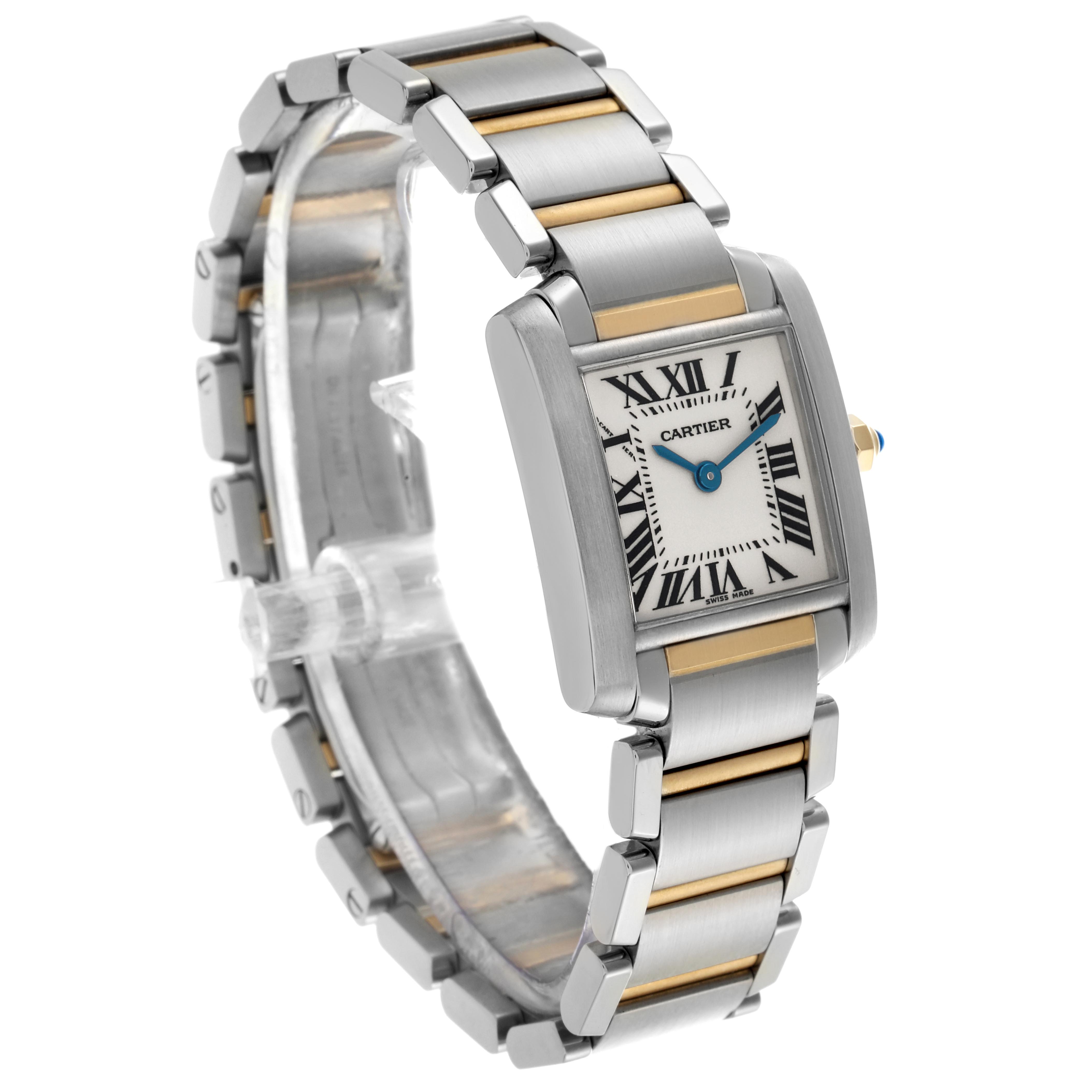 The Cartier Tank Française watch is shown at a three-quarter angle, highlighting its face, bracelet, and side profile.
