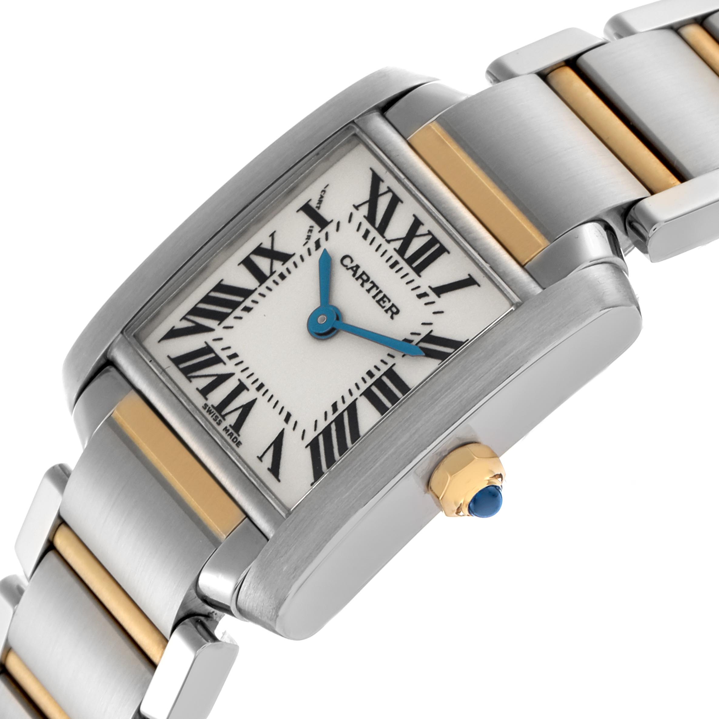 The Cartier Tank Francaise W51007Q4 Women's Steel and Gold (two tone) Silver Dial W51007Q4 Women's Steel and Gold (two tone) Silver Dial watch is shown at an angle displaying the face, roman numerals, hands, crown, and part of the bracelet.