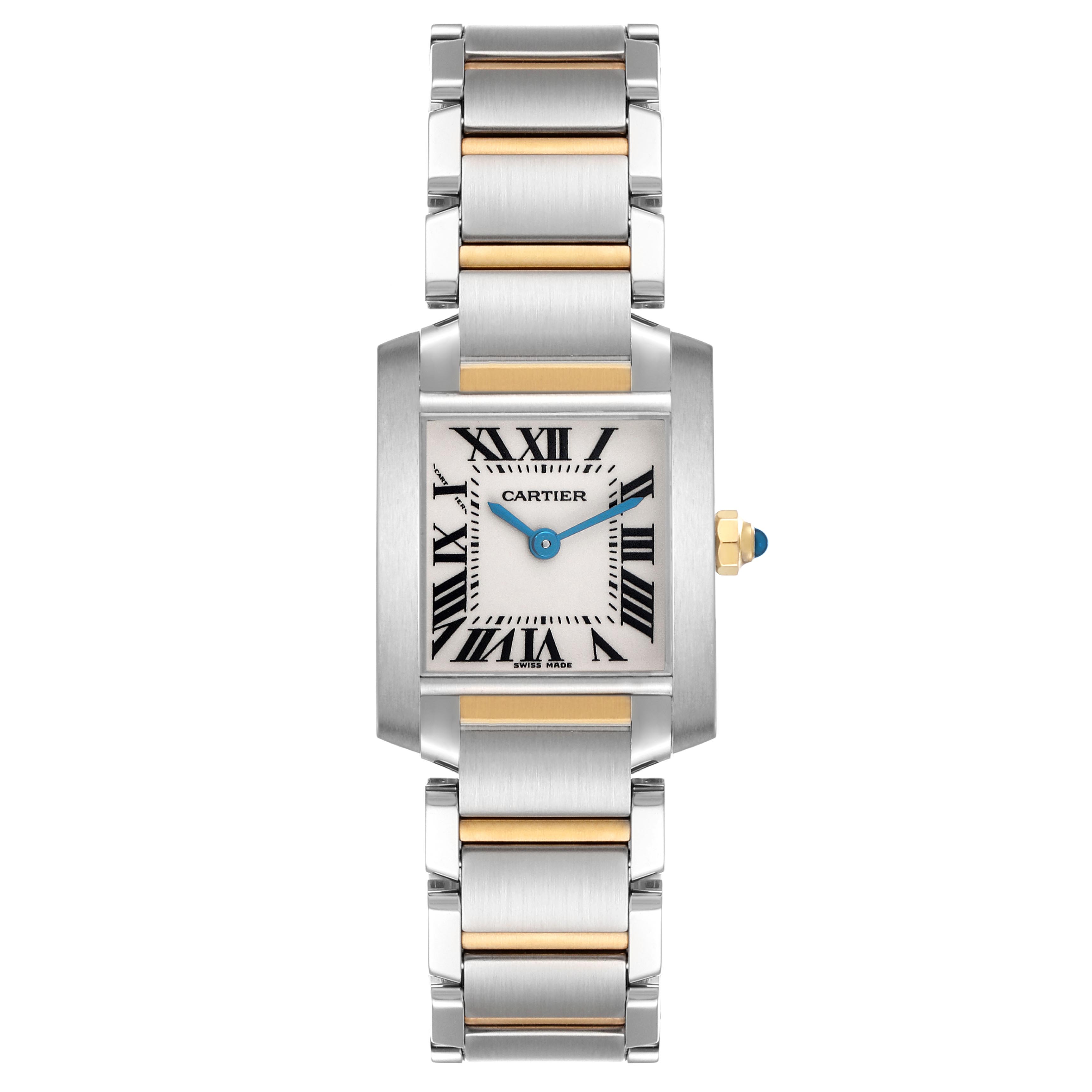 The Cartier Tank Française watch is shown from a top view, featuring its rectangular face and two-tone metal bracelet.