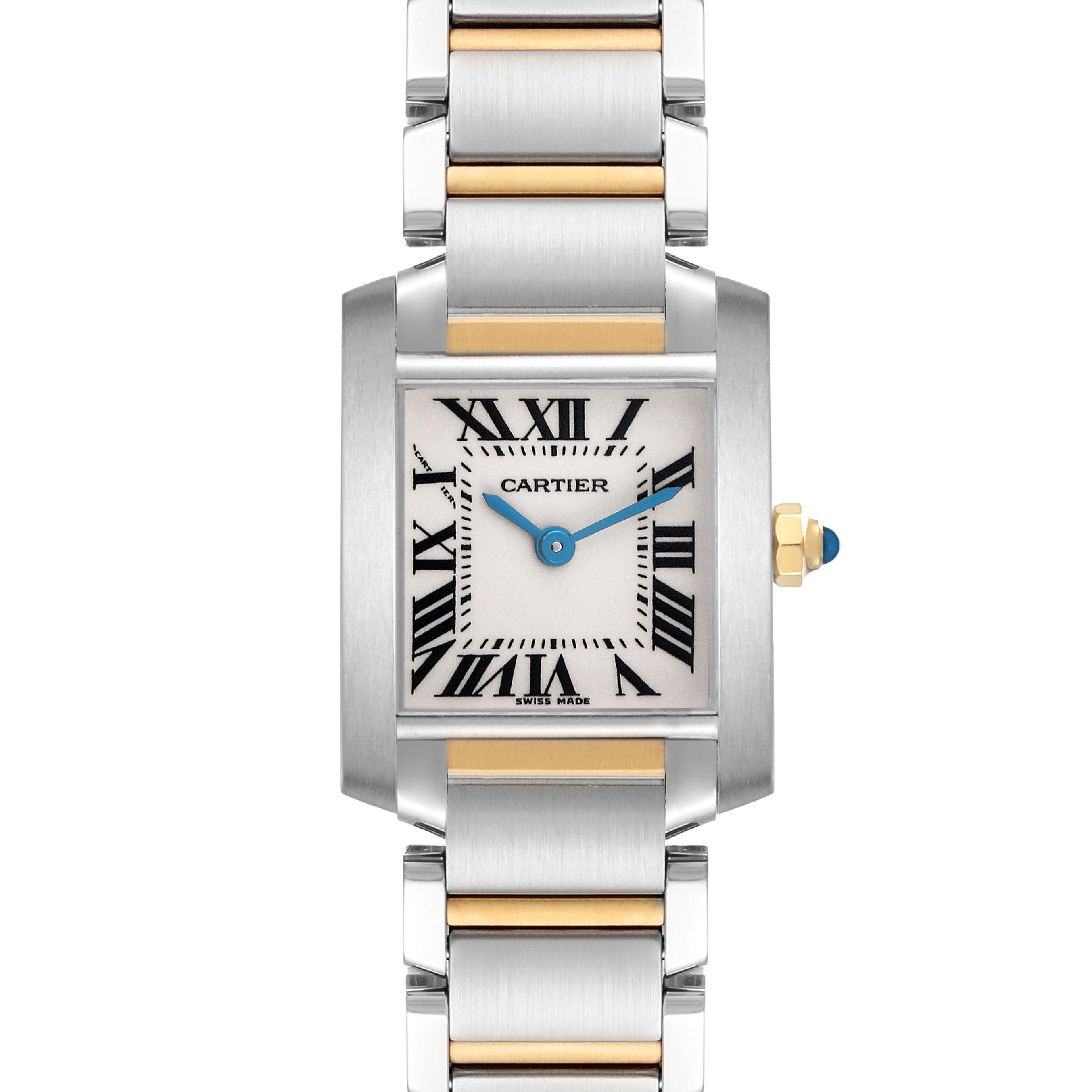 The Cartier Tank Française is shown from a top view, displaying its rectangular face, Roman numerals, and metal bracelet.