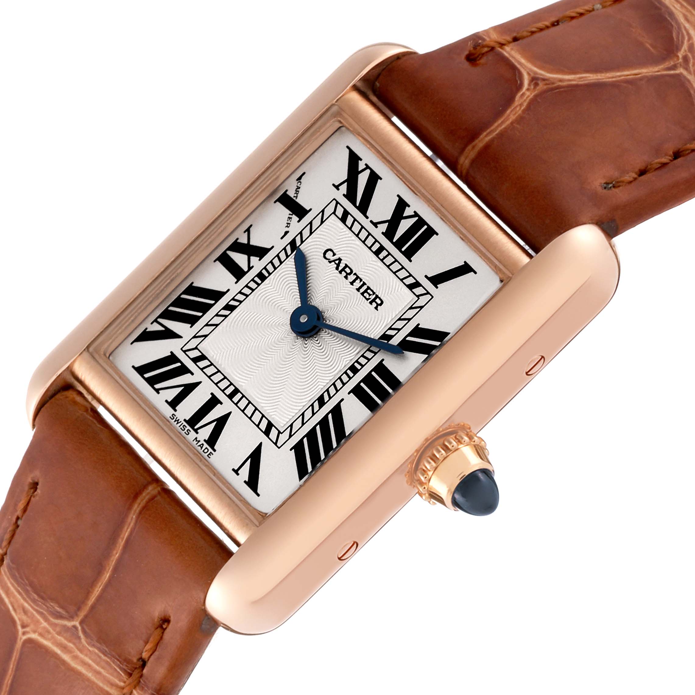 The image shows the Cartier Tank Louis WGTA0010 Women
s Rose Gold Silver Dial WGTA0010 Women
s Rose Gold Silver Dial watch at an angle highlighting the dial, case, crown, and leather strap.