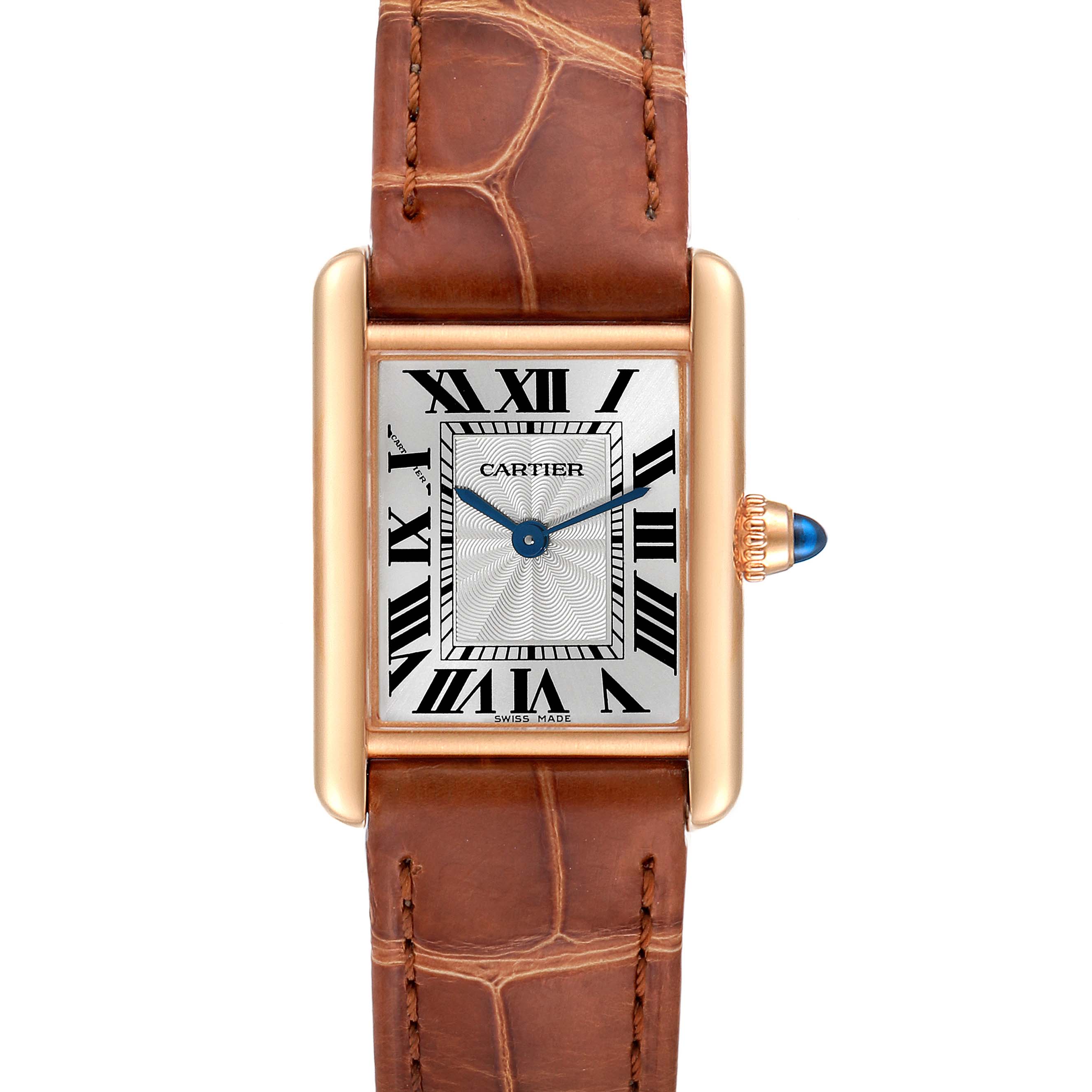 The image shows a front view of the Cartier Tank Louis WGTA0010 Women
s Rose Gold Silver Dial WGTA0010 Women
s Rose Gold Silver Dial watch, highlighting its rectangular dial, Roman numerals, and leather strap.