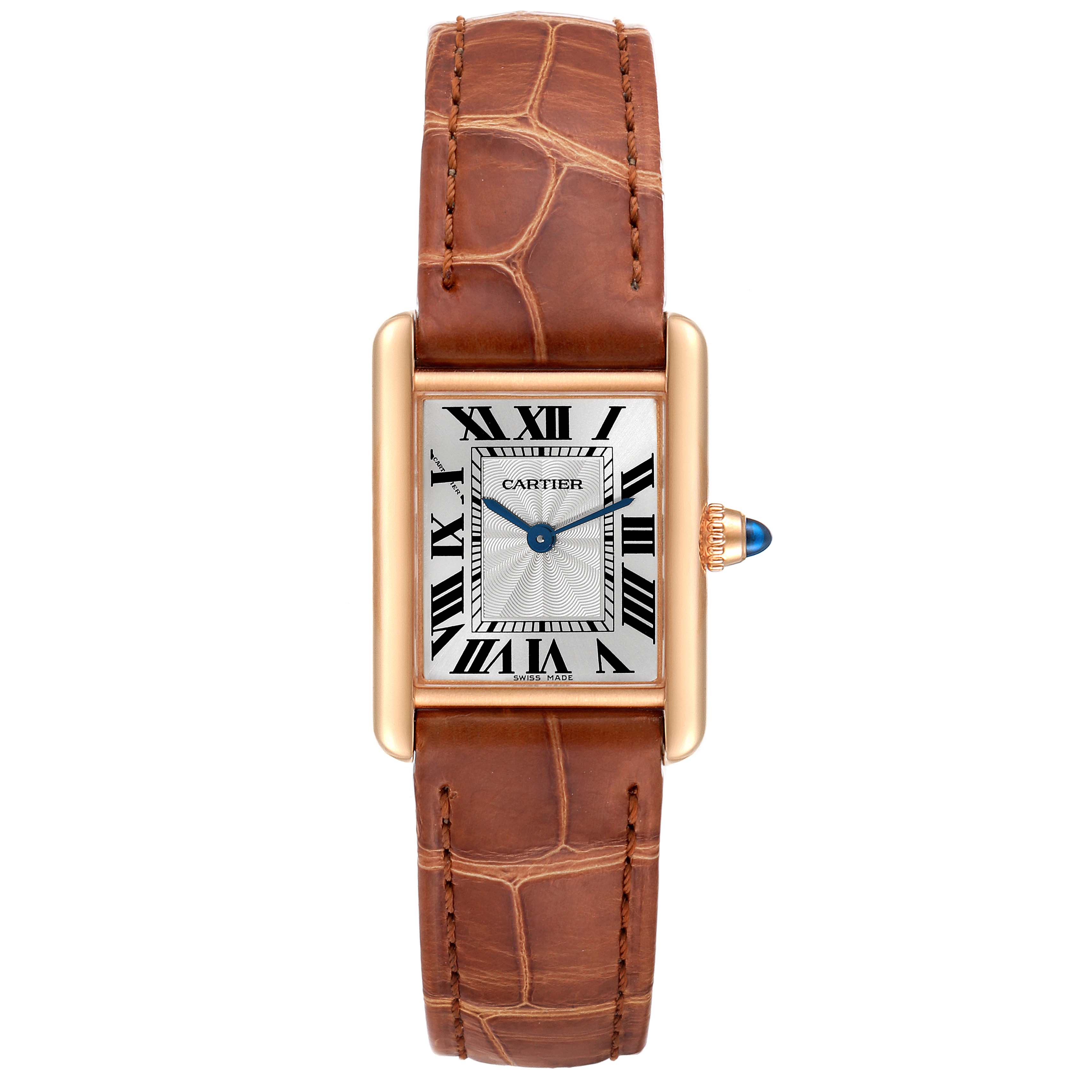 The image shows a front view of a Cartier Tank Louis WGTA0010 Women
s Rose Gold Silver Dial WGTA0010 Women
s Rose Gold Silver Dial watch with a brown leather strap and rectangular gold casing.