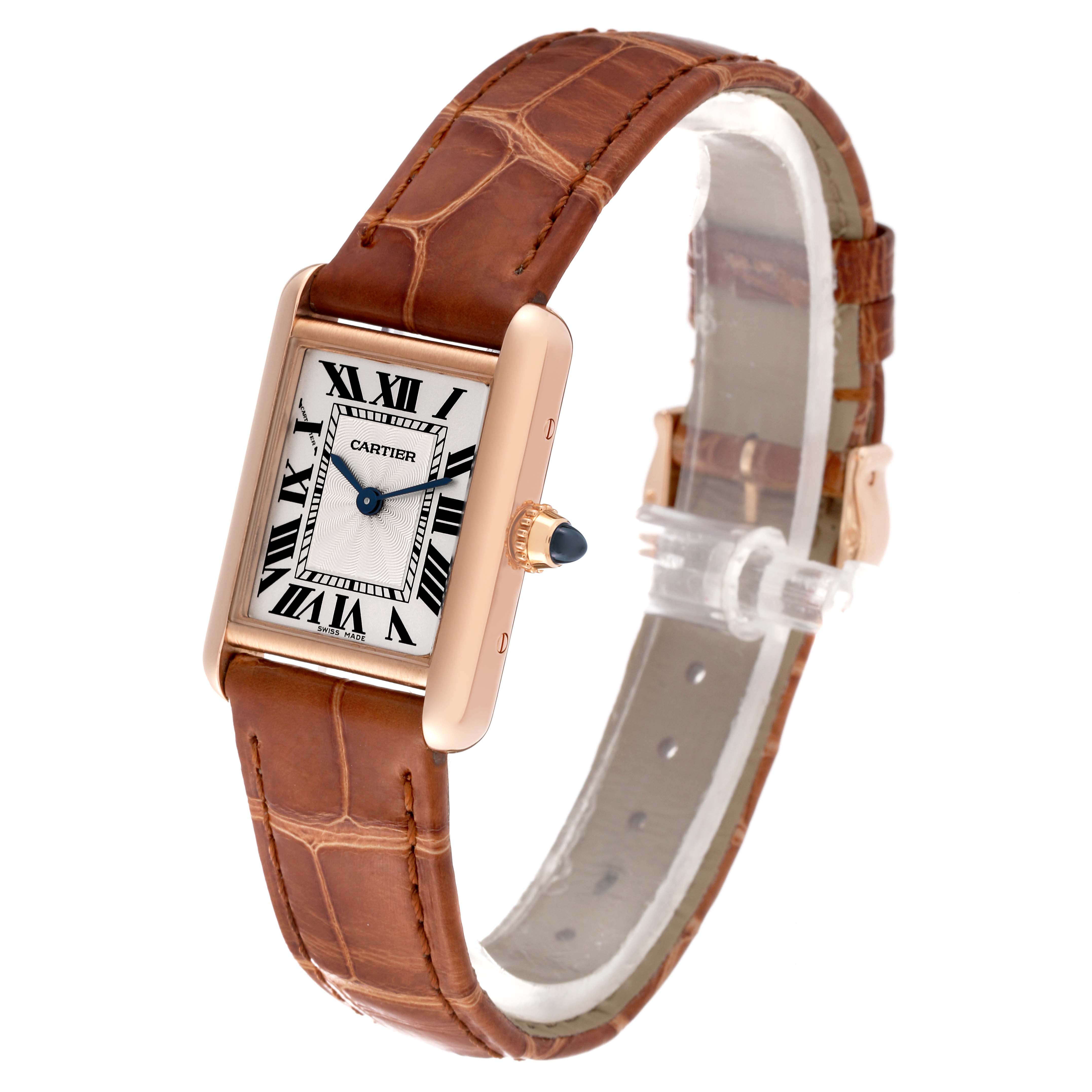 The Cartier Tank Louis WGTA0010 Women
s Rose Gold Silver Dial WGTA0010 Women
s Rose Gold Silver Dial watch is shown at a front angle, displaying the face, strap, and crown.