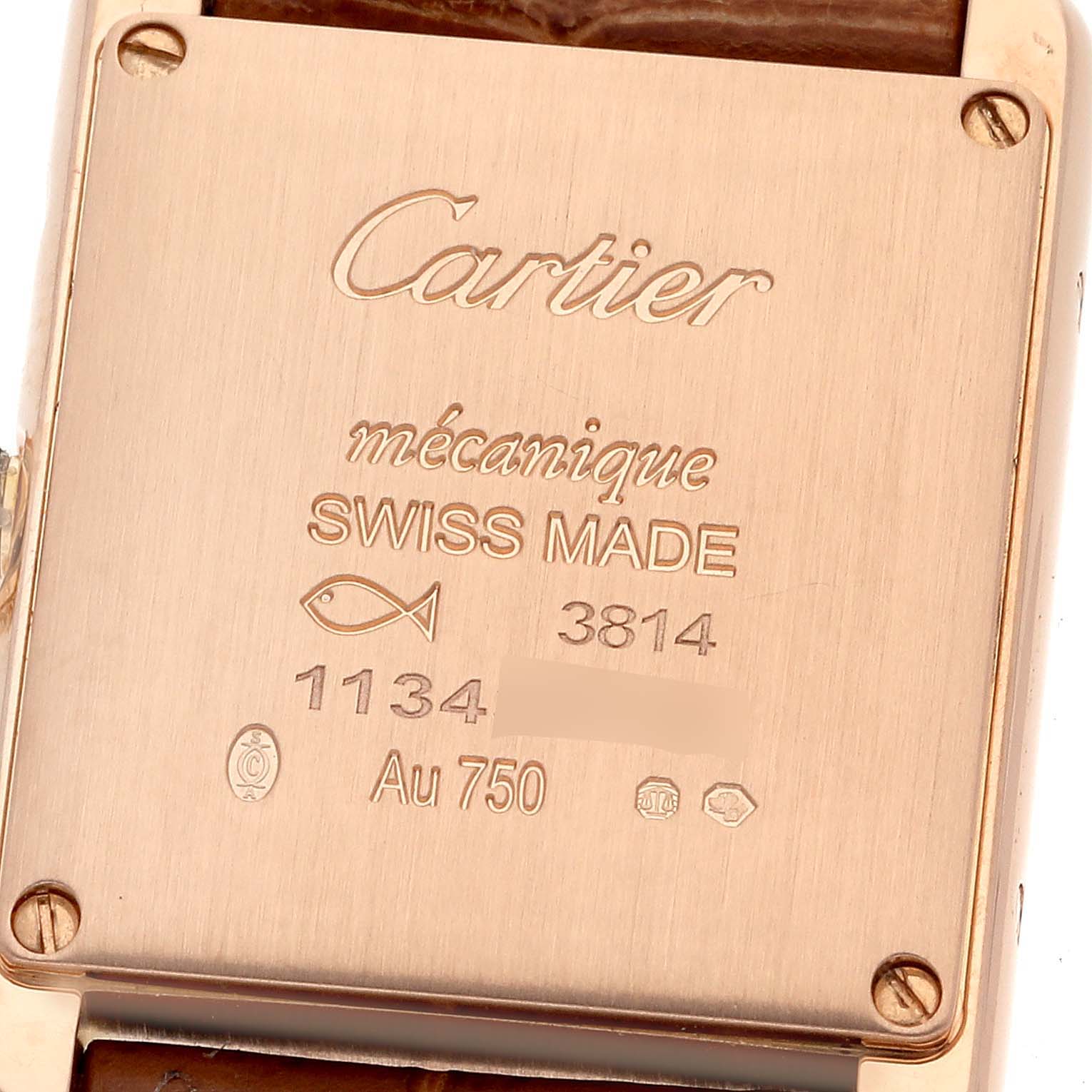 The image shows the back casing of a Cartier Tank Louis WGTA0010 Women
s Rose Gold Silver Dial WGTA0010 Women
s Rose Gold Silver Dial watch, displaying model details and engravings.