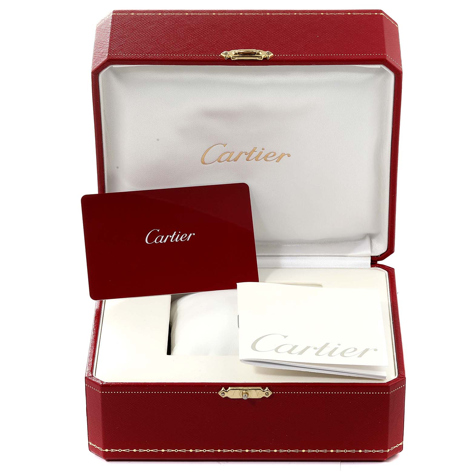 The image shows the packaging and documentation for the Cartier Tank Louis WGTA0010 Women
s Rose Gold Silver Dial WGTA0010 Women
s Rose Gold Silver Dial model, including the red box and booklets.