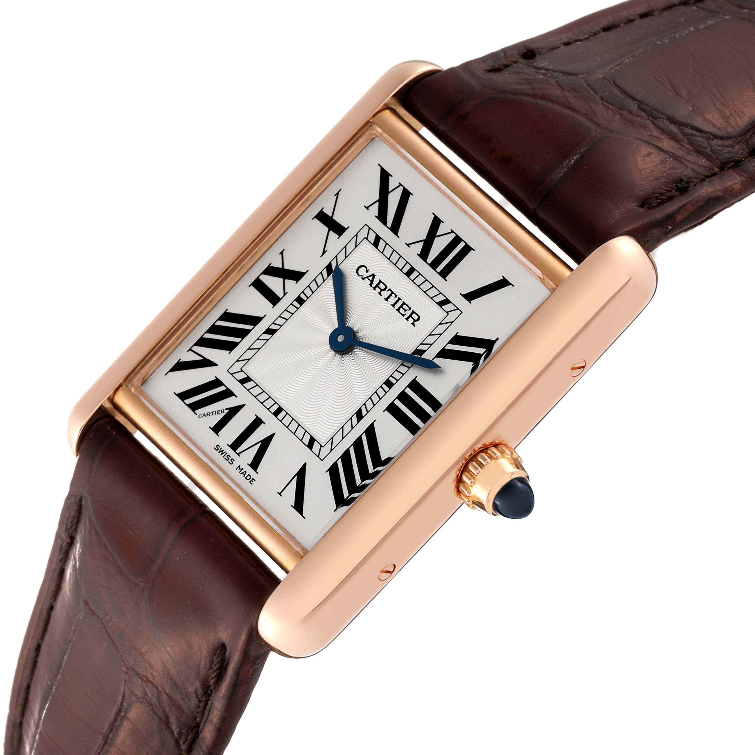 This image shows a close-up angled view of the Cartier Tank Louis WGTA0011 Men's Rose Gold Silver Dial WGTA0011 Men's Rose Gold Silver Dial watch face and part of its leather strap.