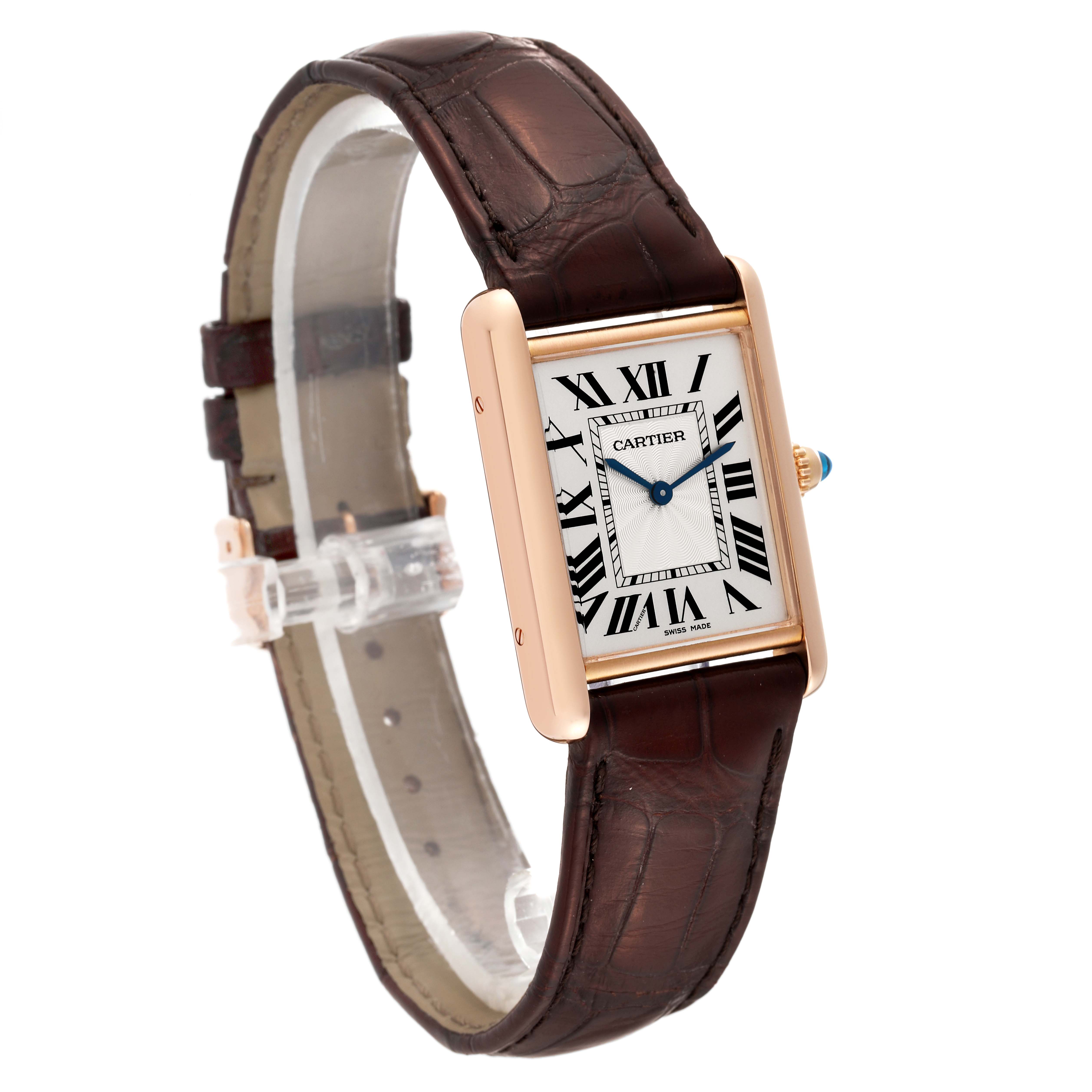The image shows a Cartier Tank Louis WGTA0011 Men's Rose Gold Silver Dial WGTA0011 Men's Rose Gold Silver Dial watch at a three-quarter angle, featuring its rectangular face and leather strap.